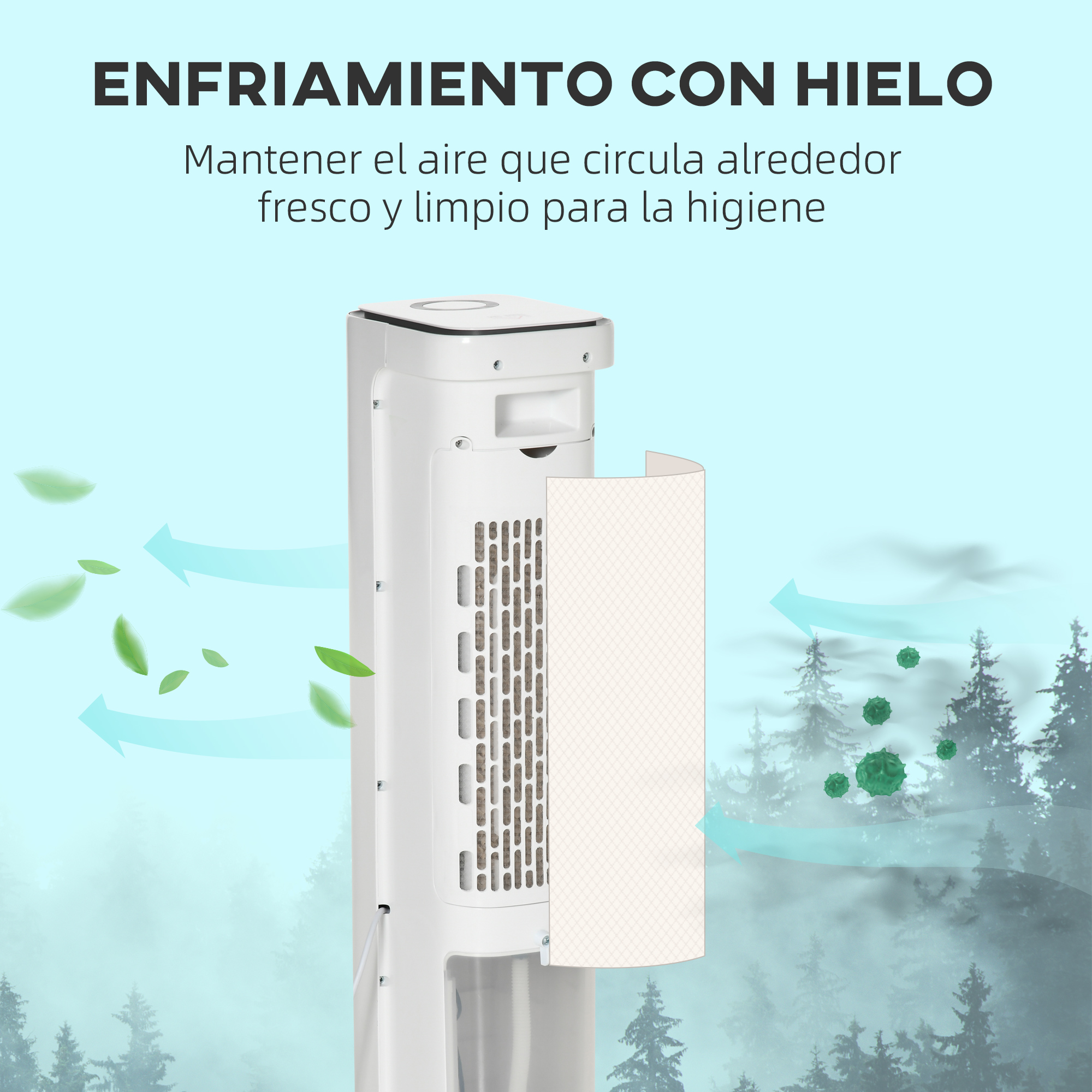 Un enfriador de aire blanco con filtro abierto, flechas azules, hojas verdes y un bosque de pinos en el fondo.