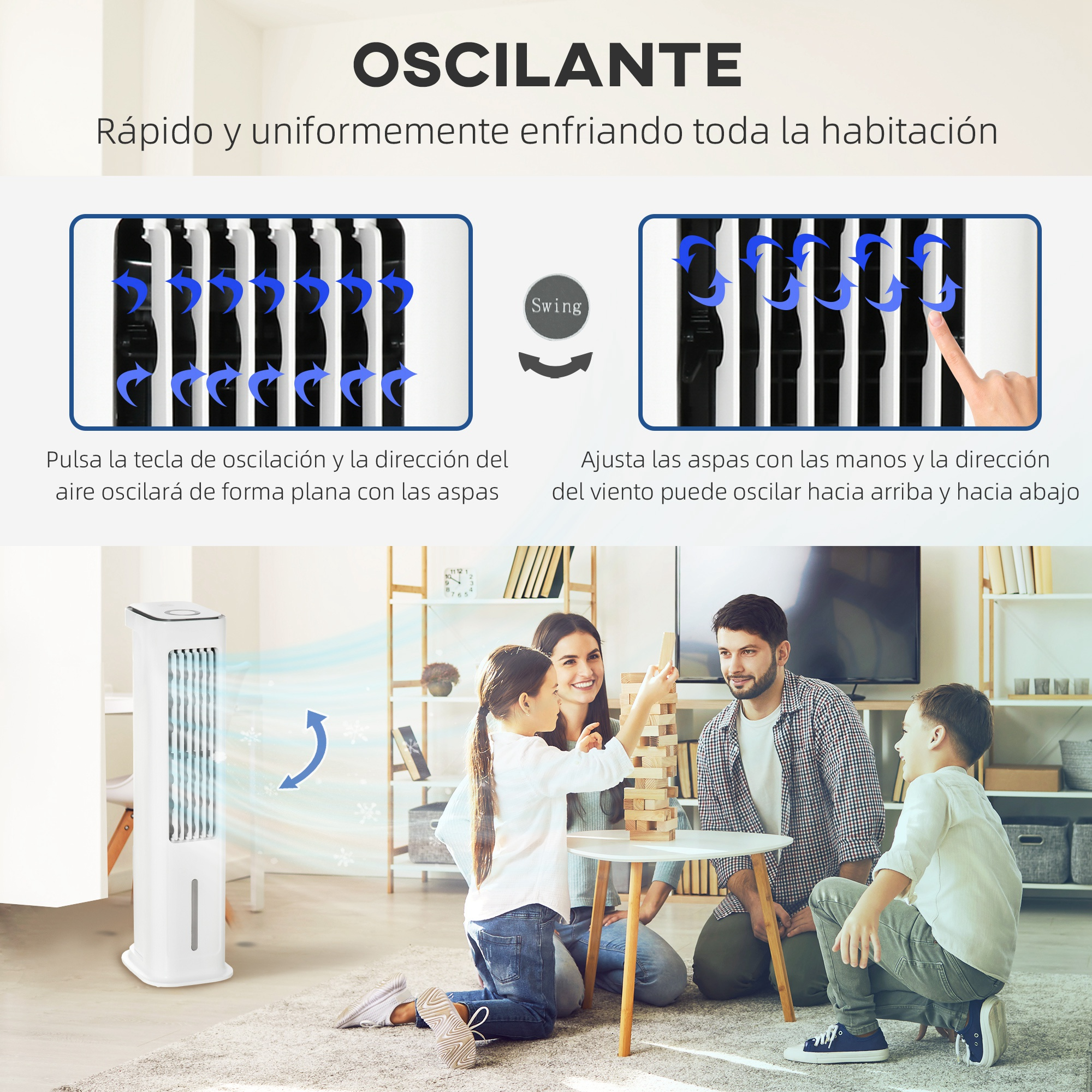 Una familia juega. A la izquierda hay un ventilador oscilante blanco. Diagramas muestran la dirección del flujo de aire.