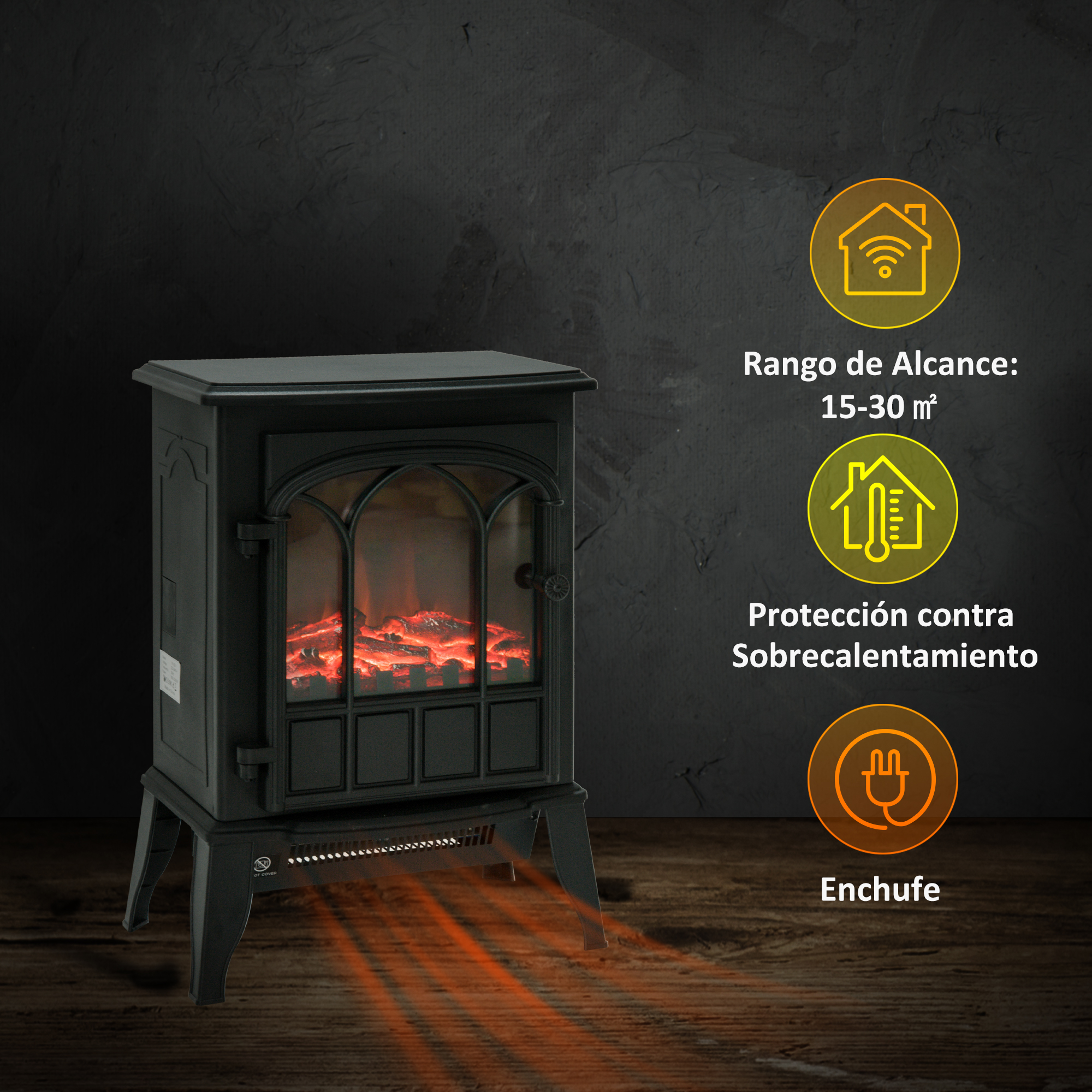 Chimenea eléctrica negra con llamas naranjas, sobre superficie de madera, con iconos de características.