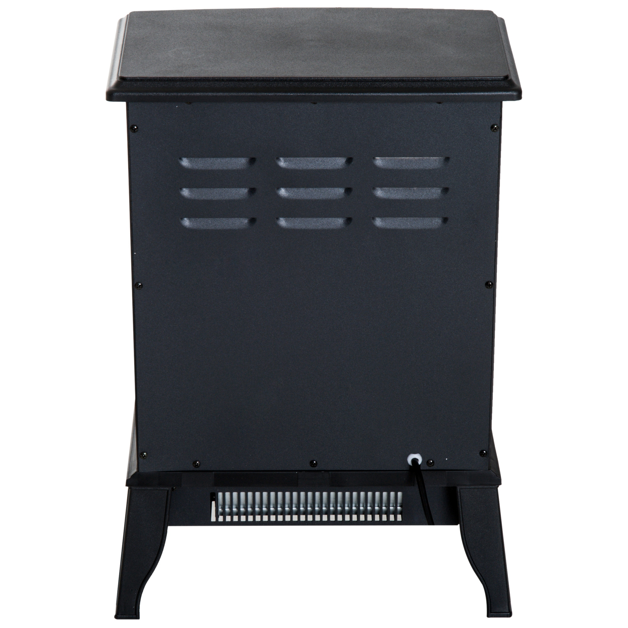 Chimenea eléctrica negra con parte superior e inferior rectangulares. Tiene ranuras de ventilación y un cable de alimentación. El fondo es blanco.