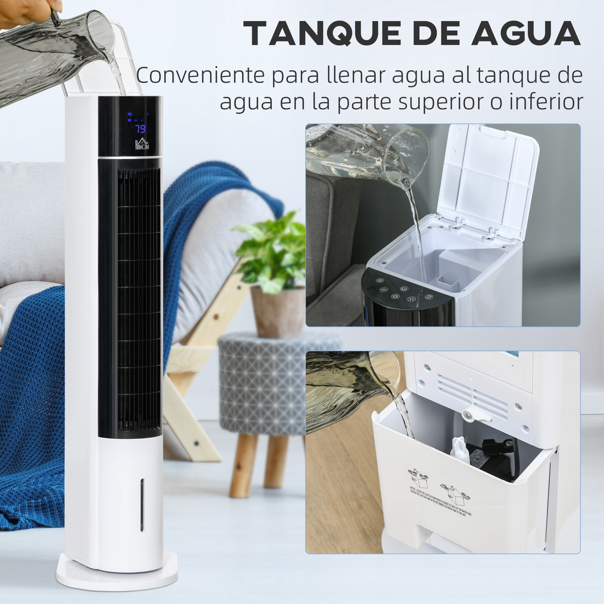 Enfriador de aire blanco con agua vertiéndose. El texto en español describe el llenado del depósito de agua.