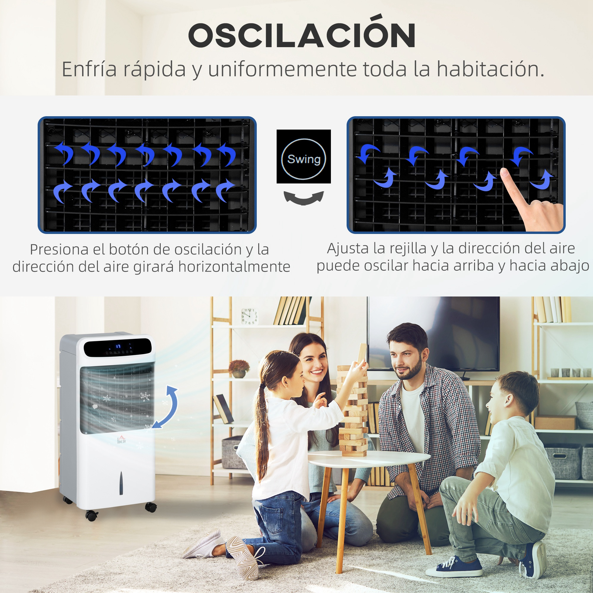 Un enfriador de aire con función de oscilación, familia jugando Jenga. El texto dice 'OSCILACIÓN' y 'Swing'.