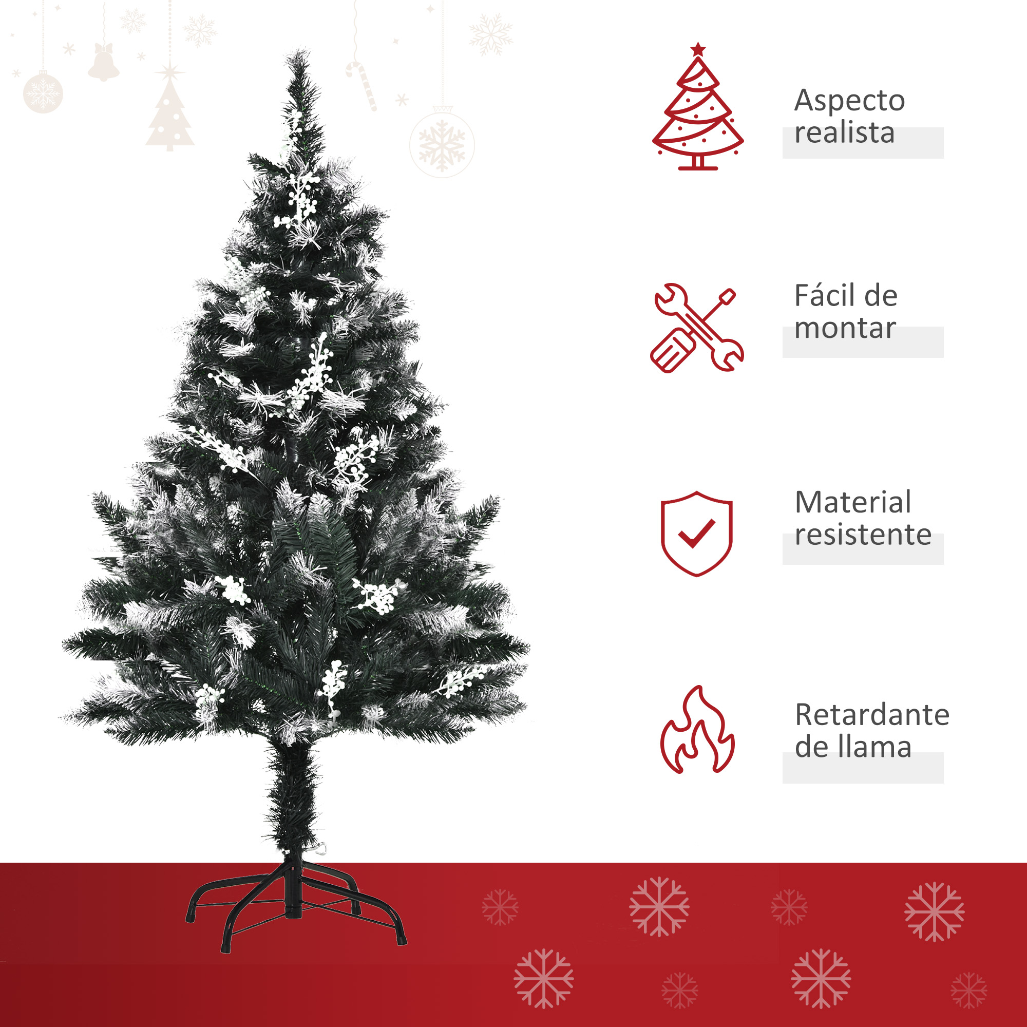 Un árbol de Navidad verde con acentos blancos se alza sobre un fondo blanco con acentos rojos e iconos.