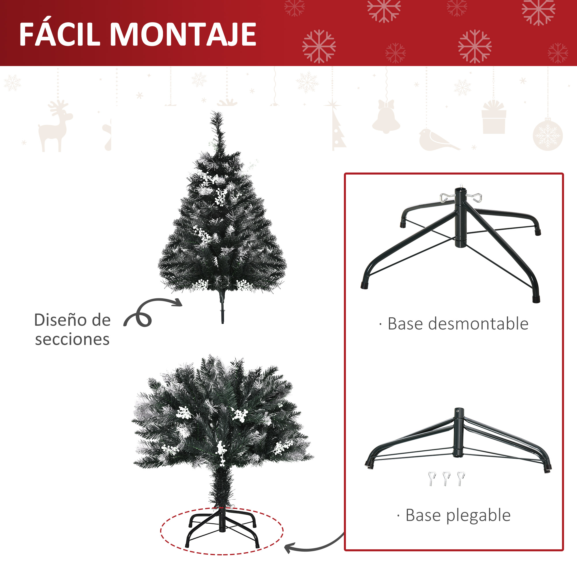 La imagen muestra un árbol de Navidad con base desmontable y plegable. El texto incluye 'Fácil montaje' y 'Diseño seccional'.