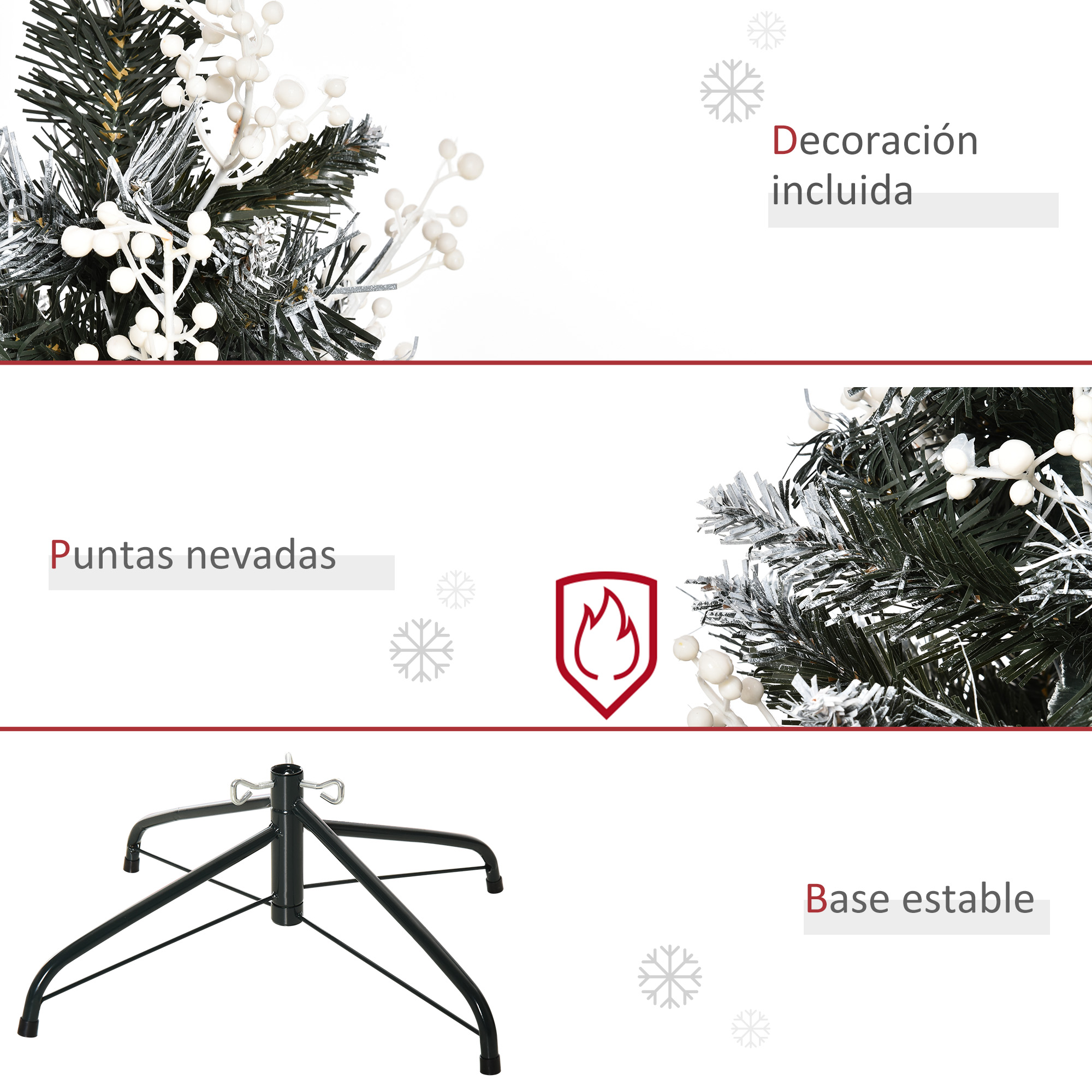 La imagen muestra un árbol de Navidad con bayas blancas, puntas nevadas y una base negra. El texto incluye 'Decoración incluida'.