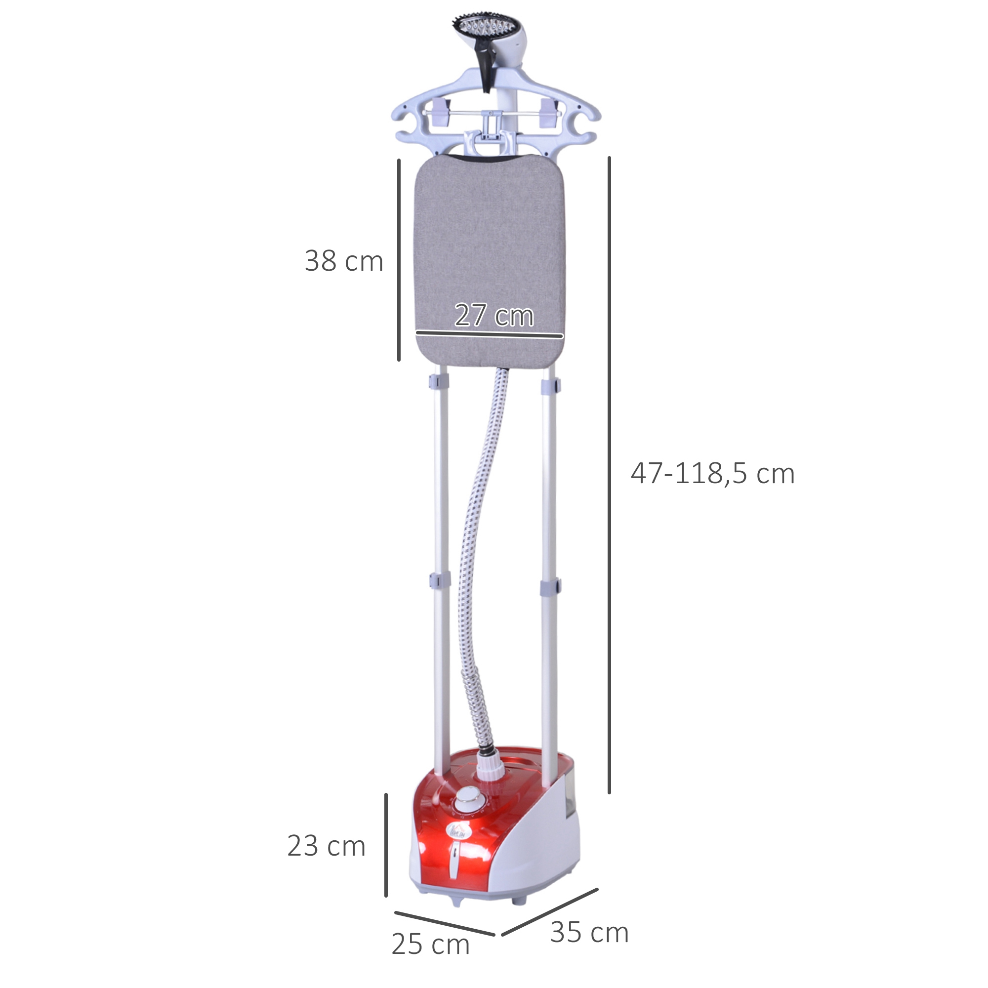 Una plancha de ropa blanca y roja con medidas etiquetadas. Tiene una percha, una almohadilla gris y un depósito de agua. Se muestran las dimensiones.