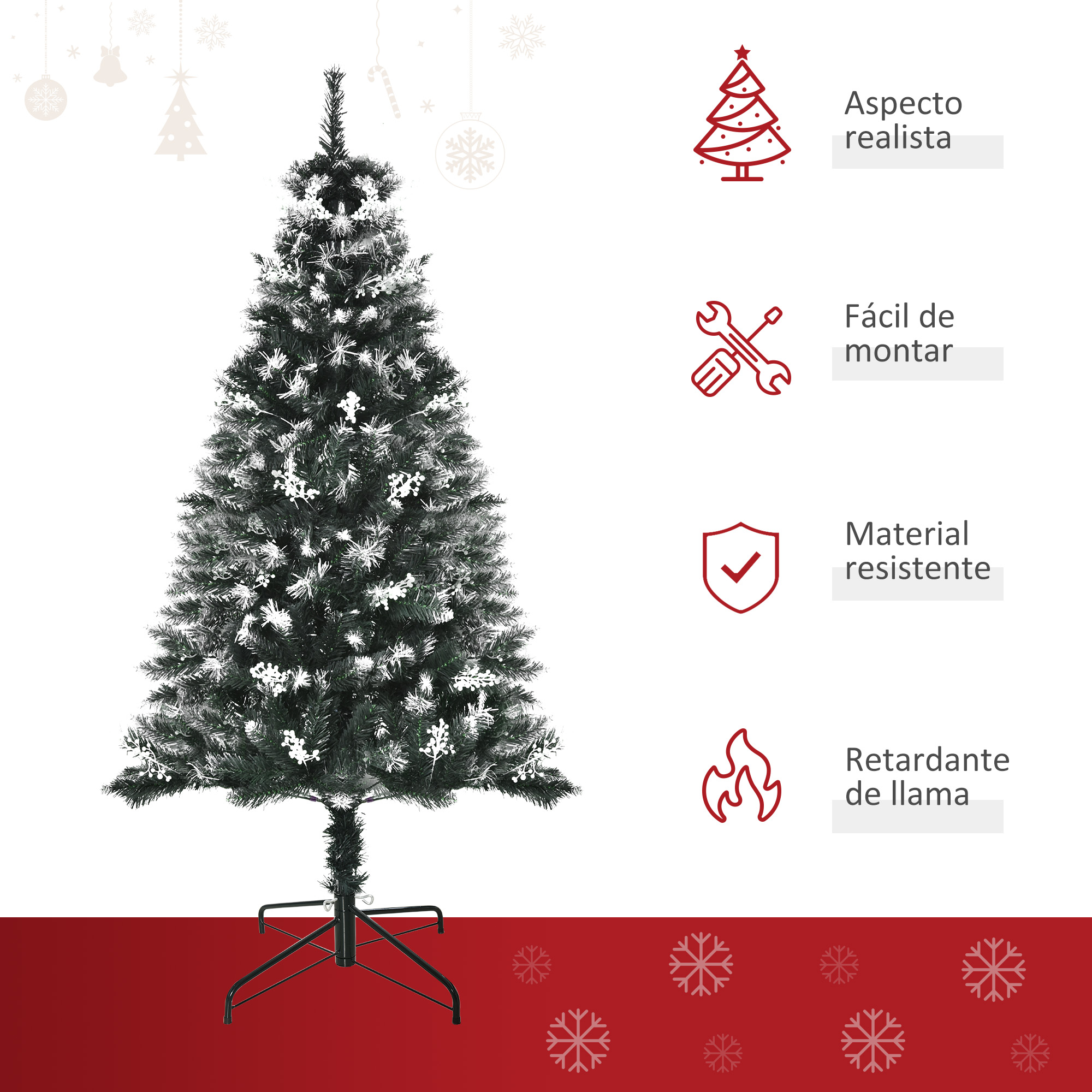 Un árbol de Navidad sobre un soporte de metal, verde con detalles blancos. Está sobre un fondo rojo con copos de nieve e iconos.