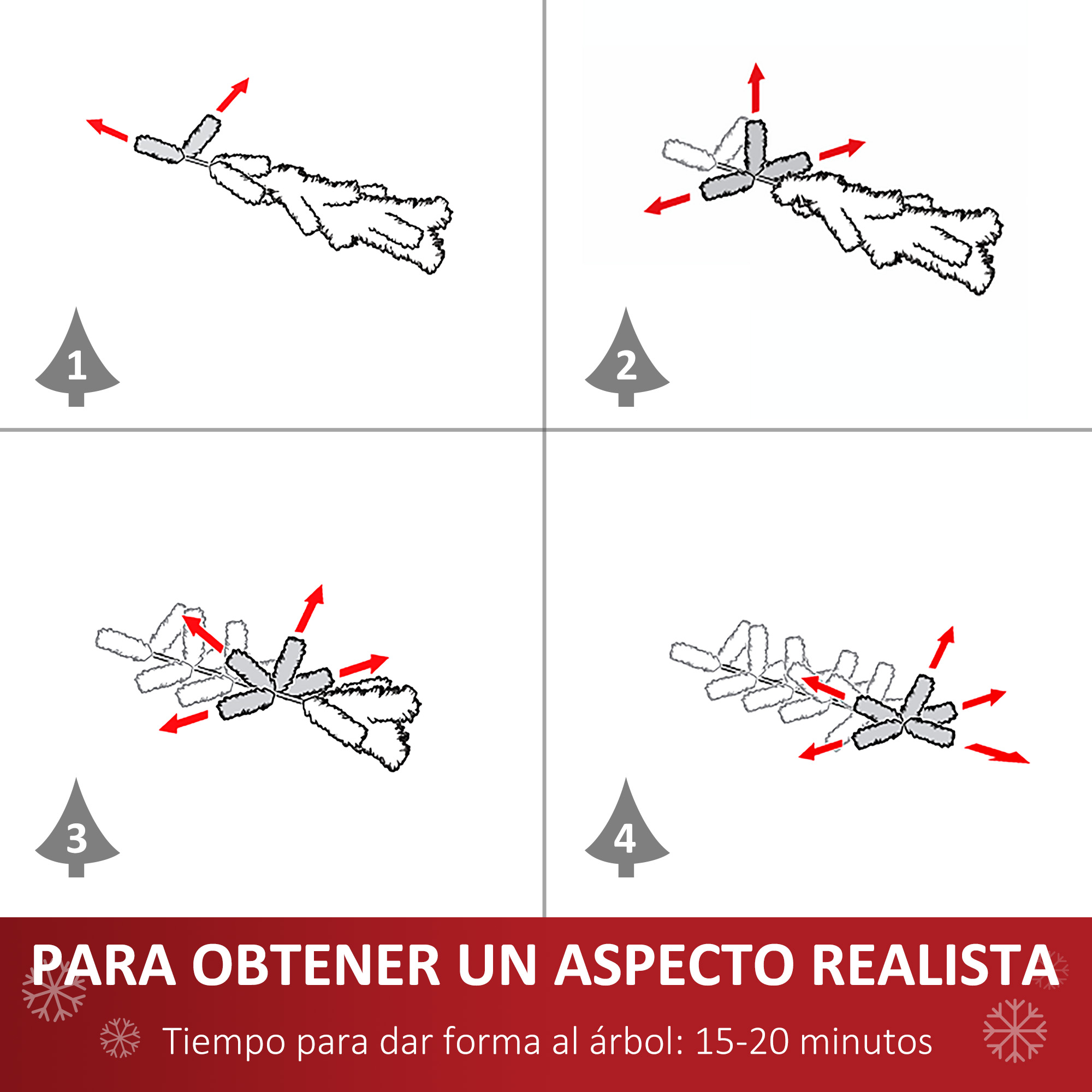 Diagrama que muestra cómo dar forma a una rama de árbol para obtener una apariencia realista. Flechas rojas indican direcciones.