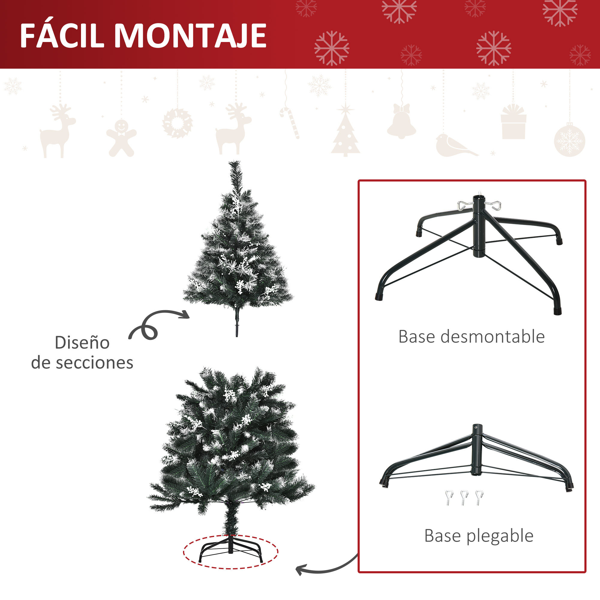 La imagen muestra un árbol de Navidad con base desmontable y plegable, y diseño de secciones. El texto dice 'Fácil montaje'.