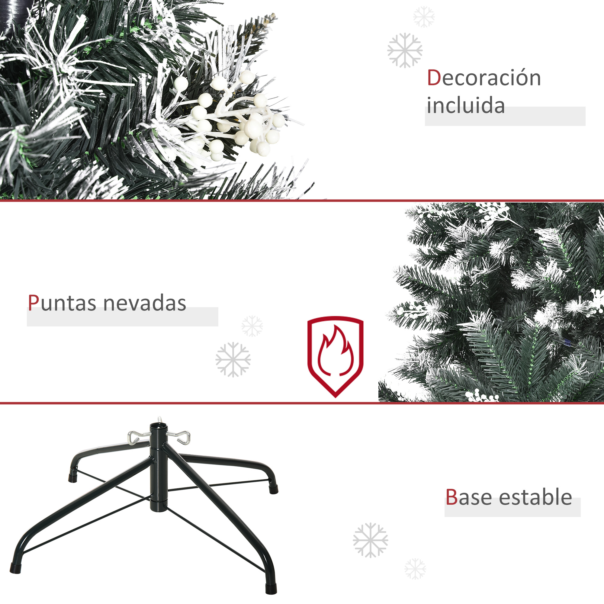La imagen muestra un árbol de Navidad con puntas blancas nevadas. Tiene decoraciones blancas y una base negra estable. El texto dice 'Decoración incluida'.