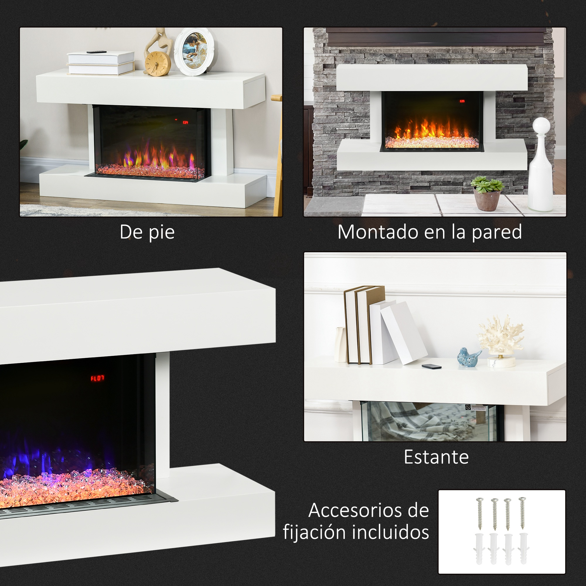 La imagen muestra una chimenea eléctrica en diferentes entornos: independiente, montada en la pared y estante. También se ven accesorios como tornillos.