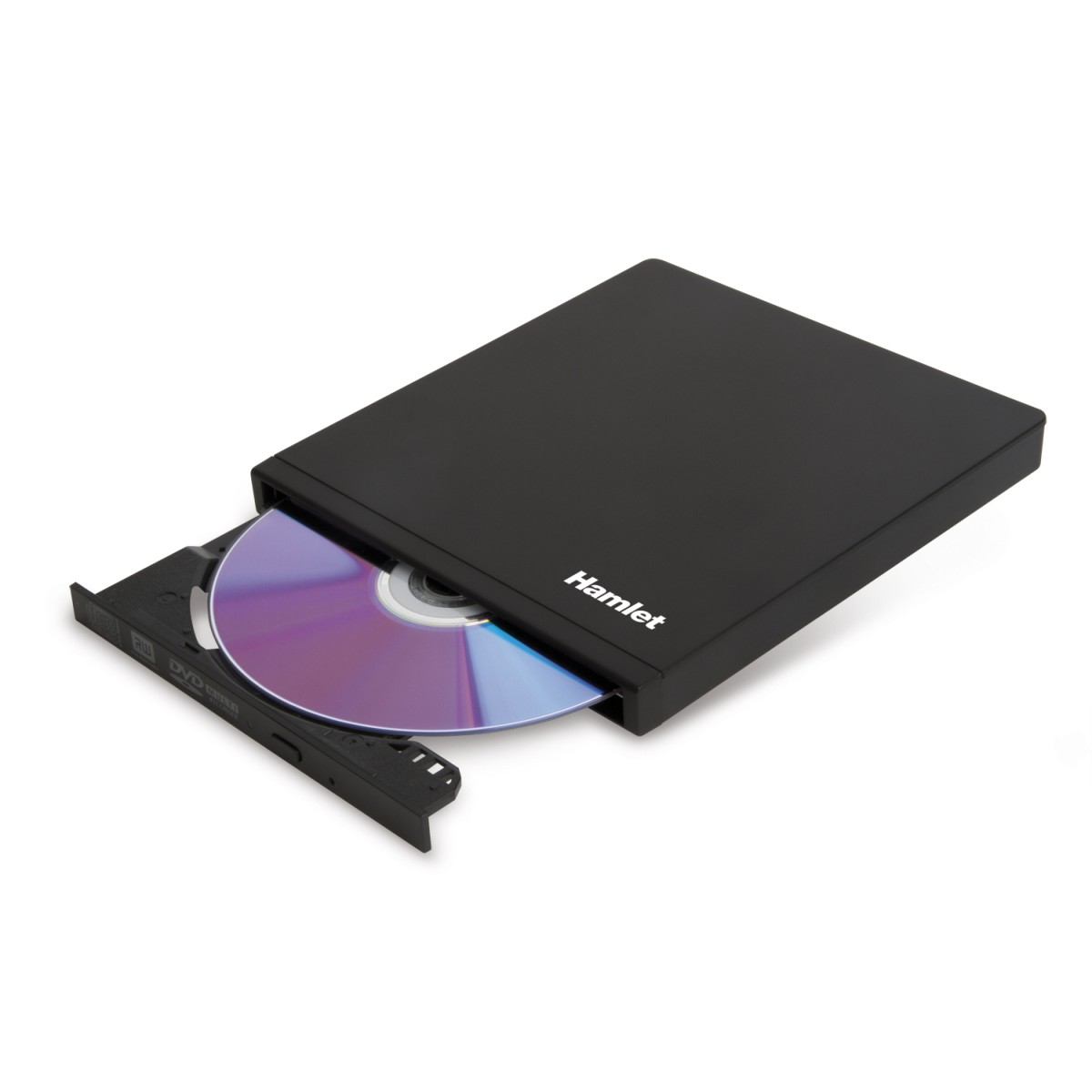 Czarna zewnętrzna nagrywarka DVD Hamlet z płytą CD w tacy, na białym tle. Napęd jest otwarty.
