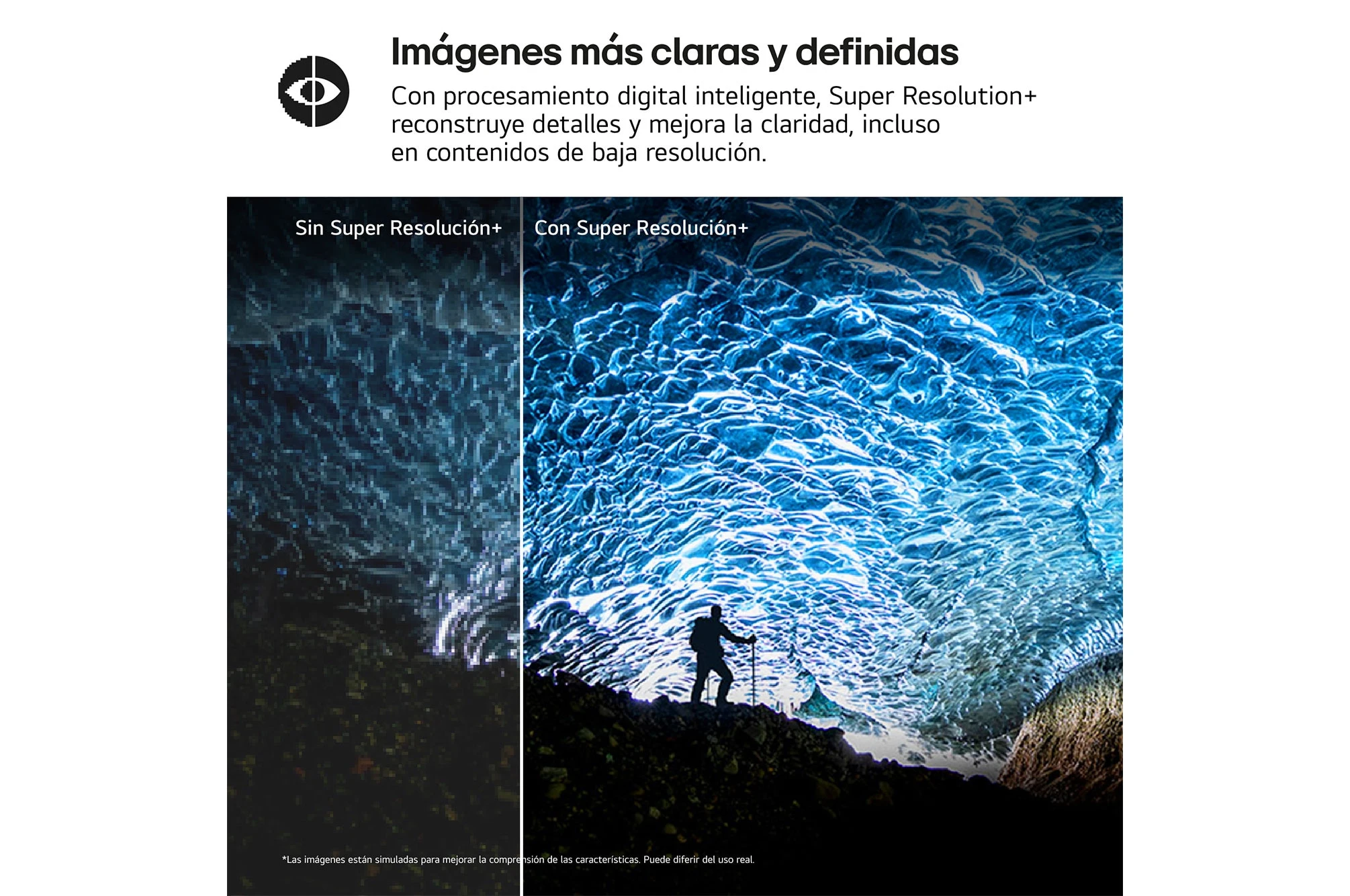 Porównanie obrazów: po lewej, niska rozdzielczość; po prawej, wysoka rozdzielczość, pokazuje osobę w jaskini z niebieskim lodem.