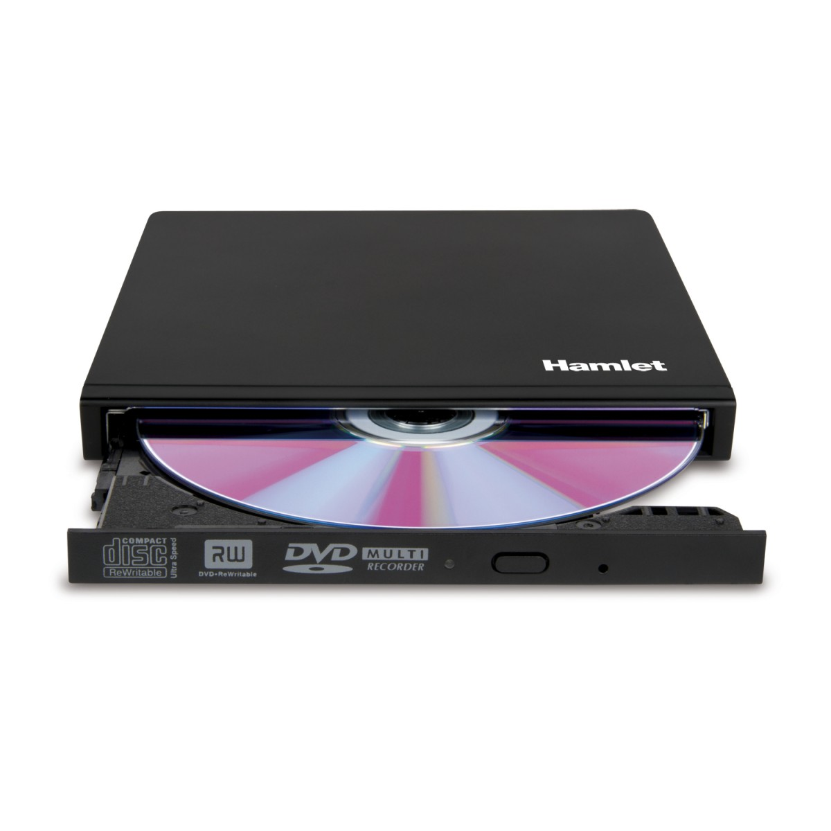 Czarny rejestrator DVD Hamlet z otwartą tacą i płytą w środku. Etykiety: Compact Disc, RW, DVD Multi Recorder.