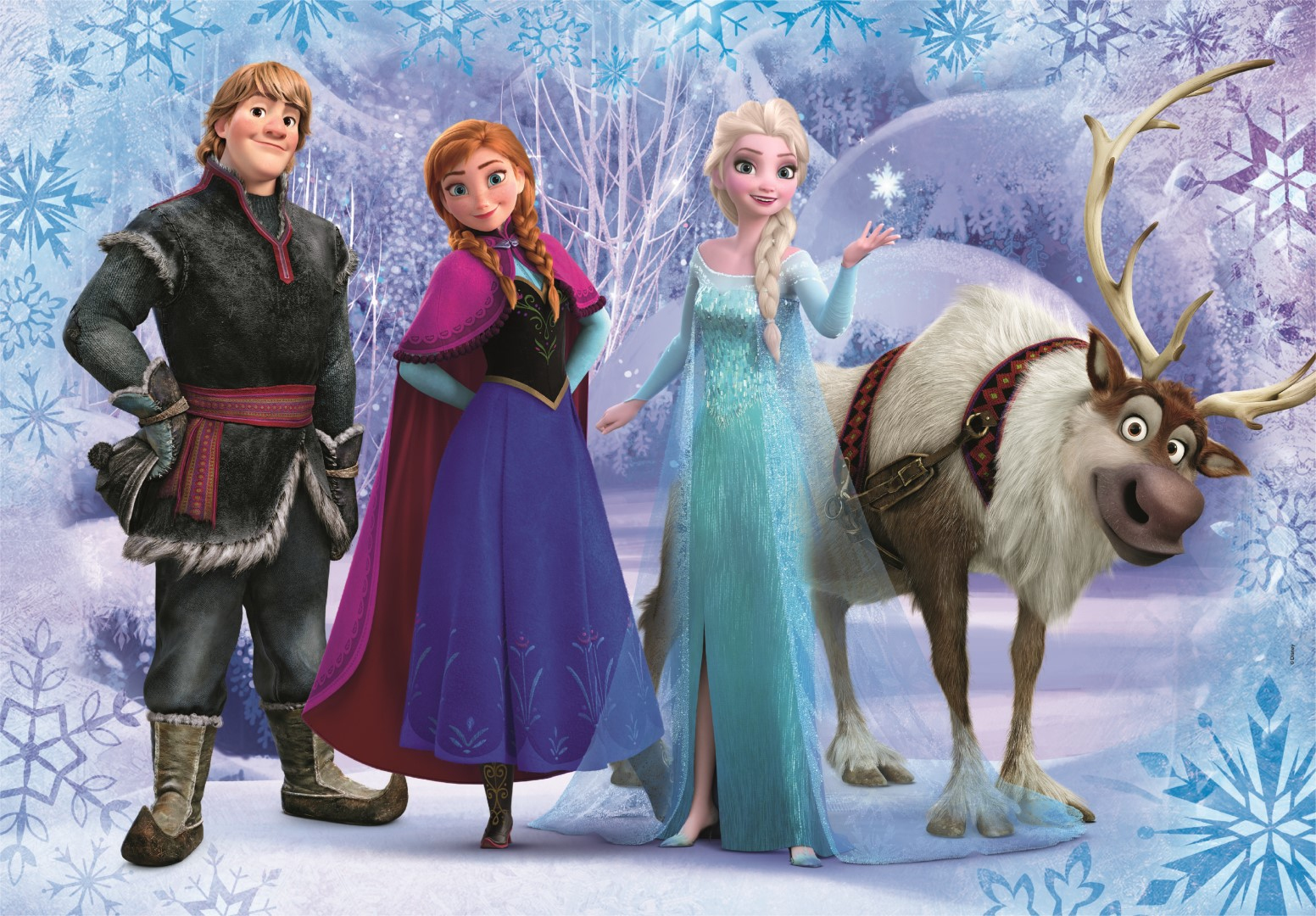 Postacie z Krainy Lodu: Kristoff, Anna, Elsa i Sven, renifer, w zaśnieżonej scenerii.