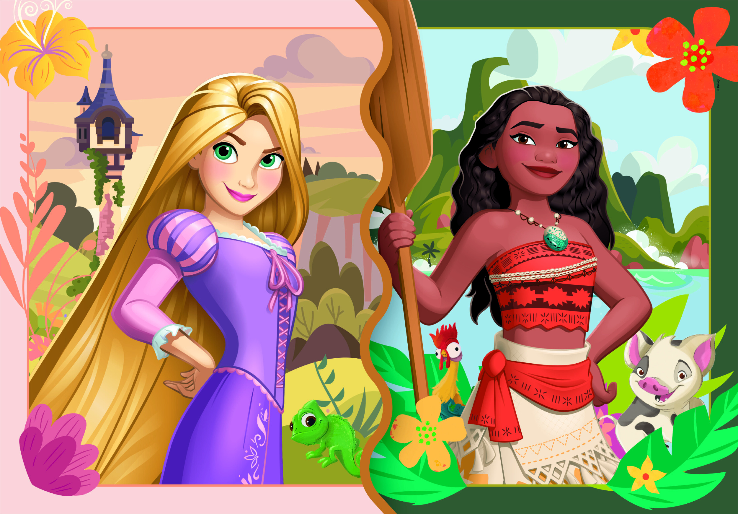 Dwie księżniczki Disneya: Roszpunka i Vaiana. Roszpunka z długimi blond włosami i Vaiana z ciemnymi włosami, trzymająca wiosło.