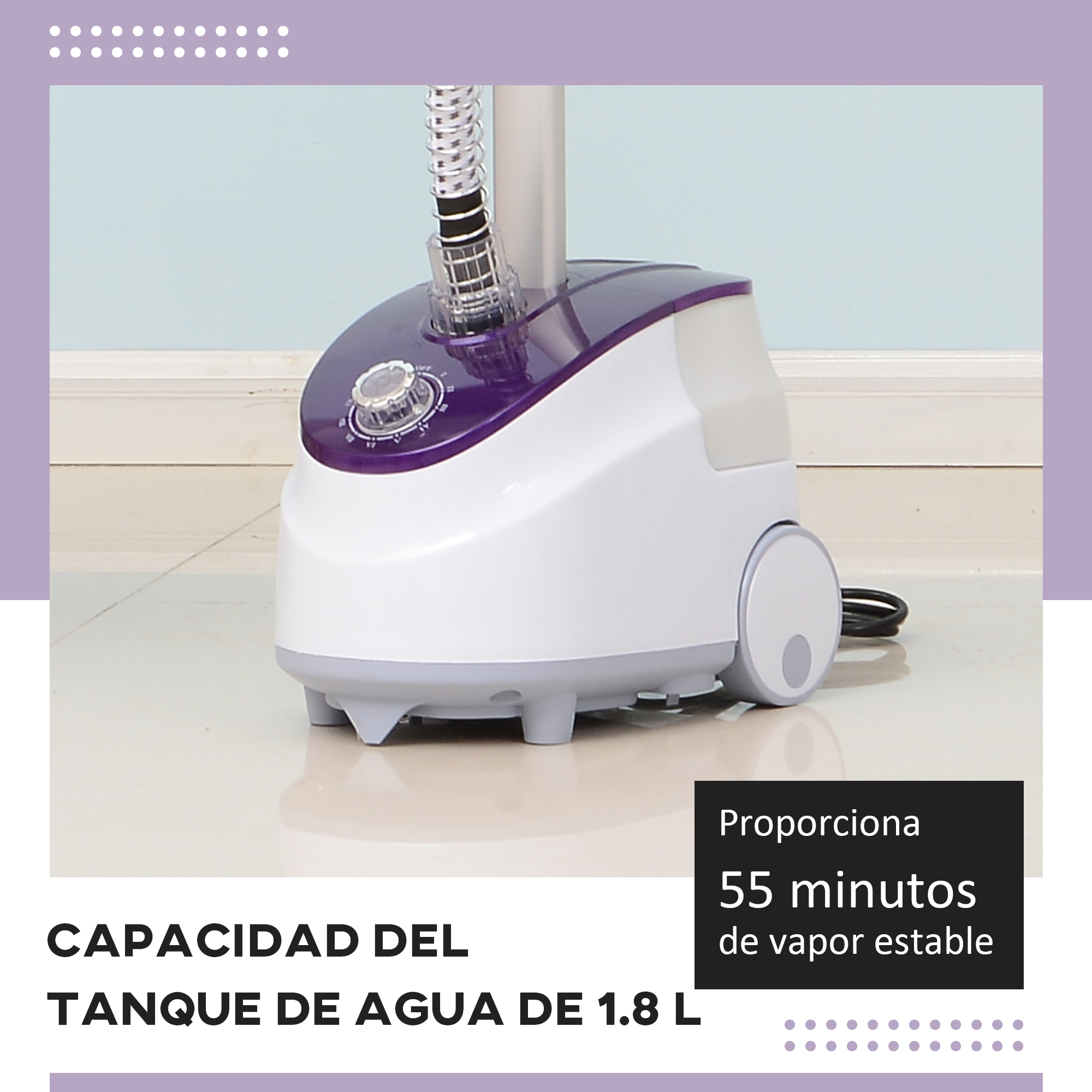 Plancha de ropa blanca y morada en el suelo. El texto muestra la capacidad del tanque de agua y ofrece 55 minutos de vapor estable.