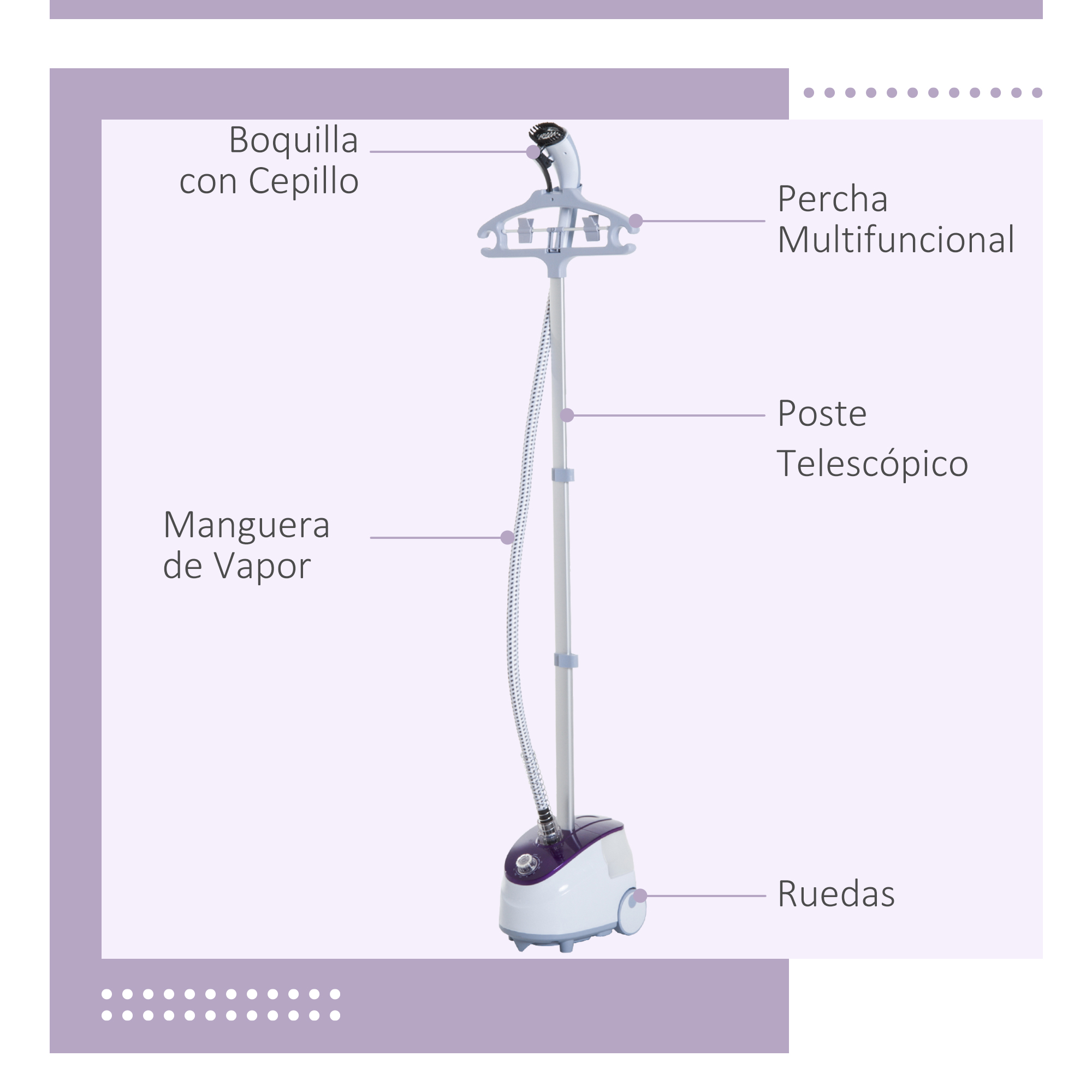 Un vaporizador de ropa blanco y morado. Tiene una boquilla de cepillo, una percha, un poste telescópico, una manguera de vapor y ruedas.