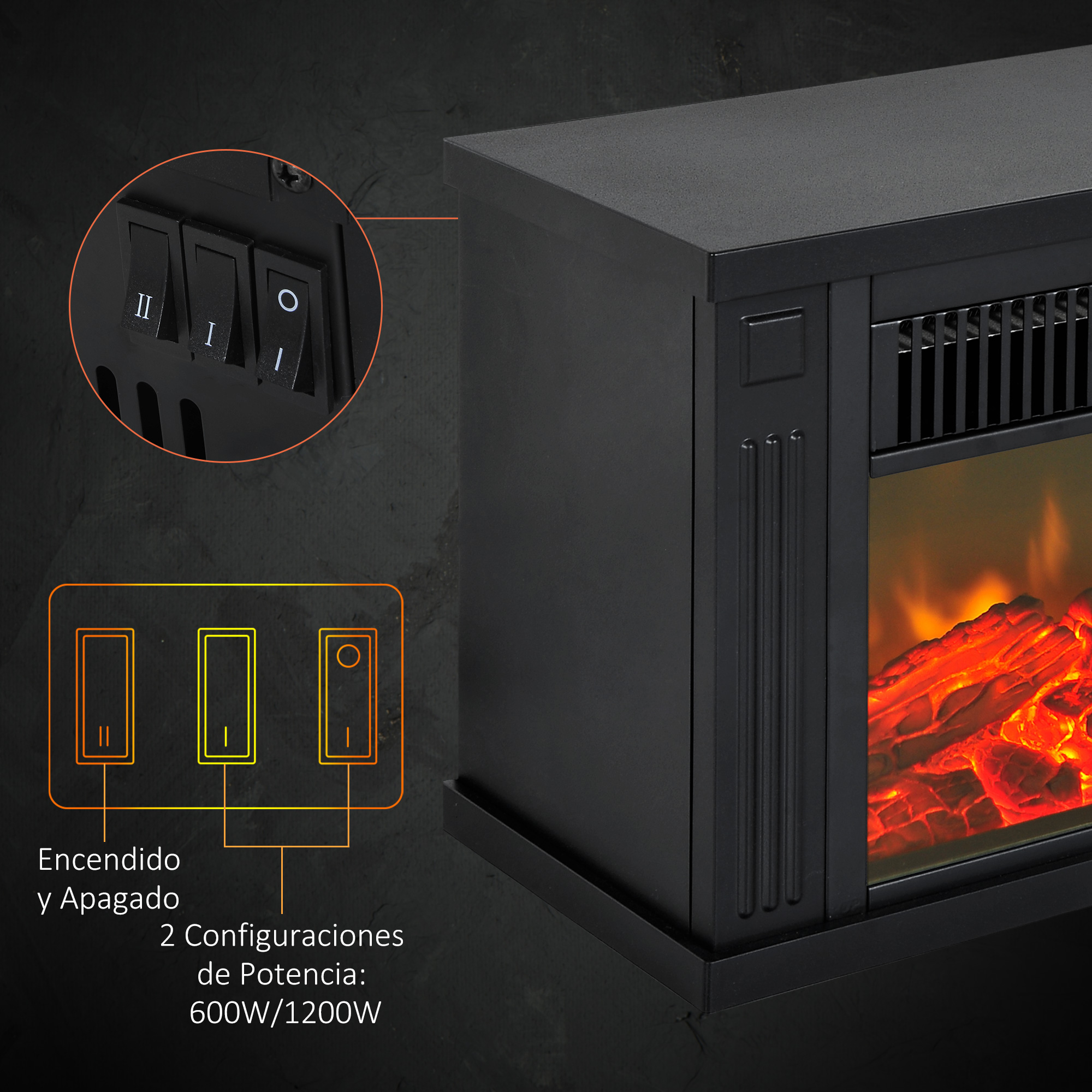 Chimenea eléctrica negra con interruptores y efecto de llama brillante. Interruptores II, I y O. Dos ajustes de potencia.