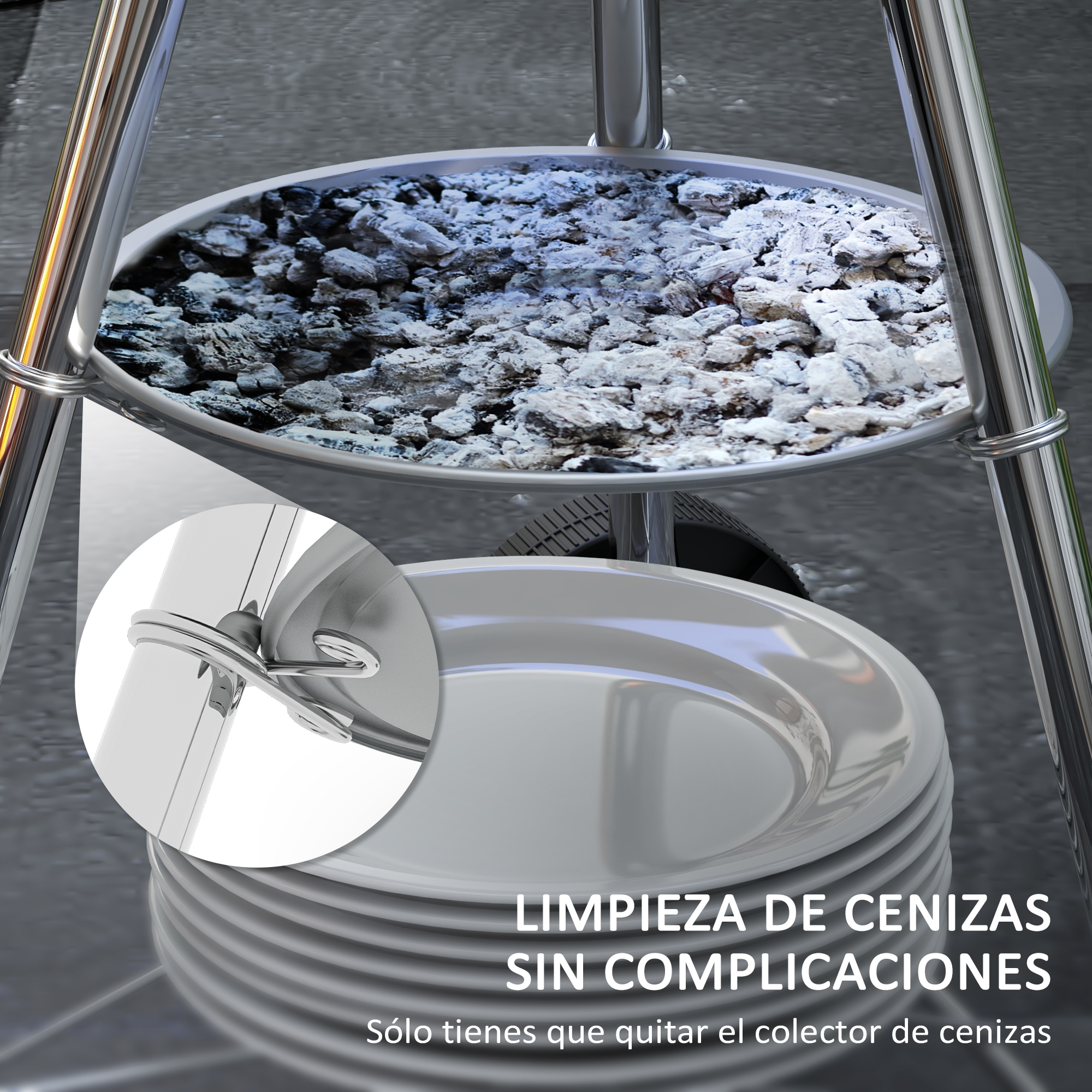 Primer plano de una parrilla. Carbón vegetal en la bandeja superior. Platos apilados debajo. Texto: Limpieza fácil de cenizas.