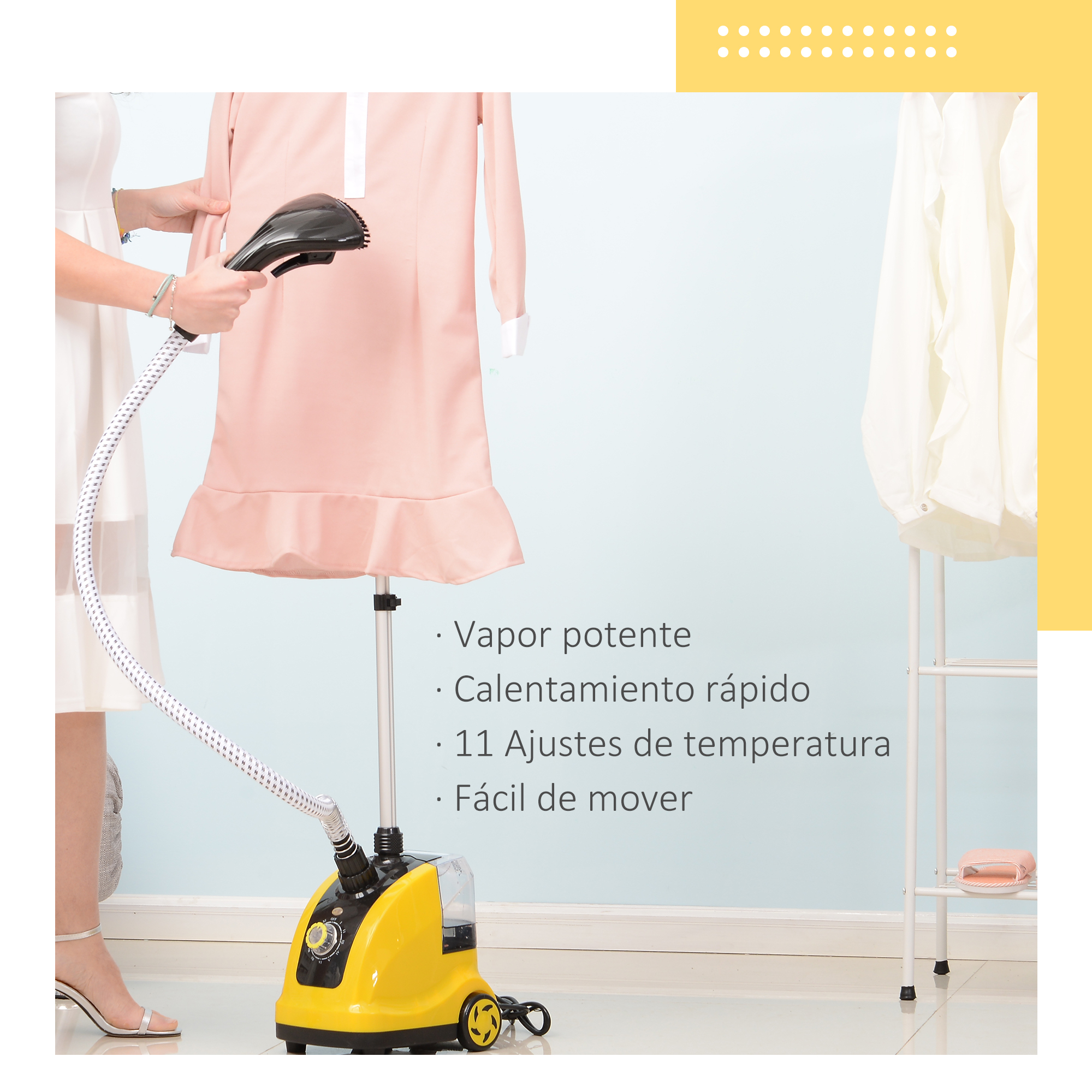 Mujer planchando un vestido rosa con un vaporizador amarillo. Un estante blanco con una camisa blanca a la derecha.