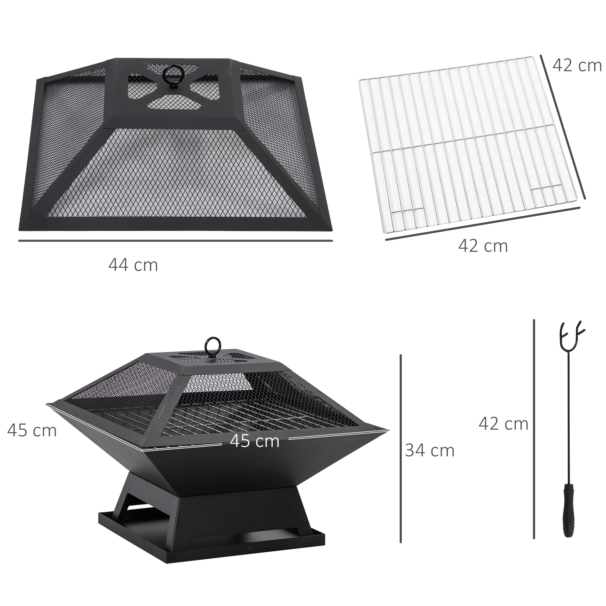 Hoguera de metal negro con tapa, parrilla y atizador. Se indican las dimensiones.