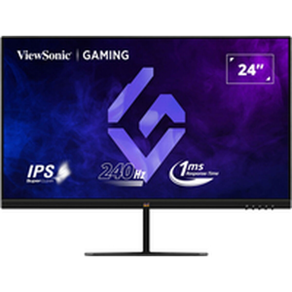 Wyświetlany jest monitor do gier ViewSonic. Ma czarną ramkę, podstawkę i fioletowo-niebieskie tło. Pokazuje 24", 1ms i 240Hz.