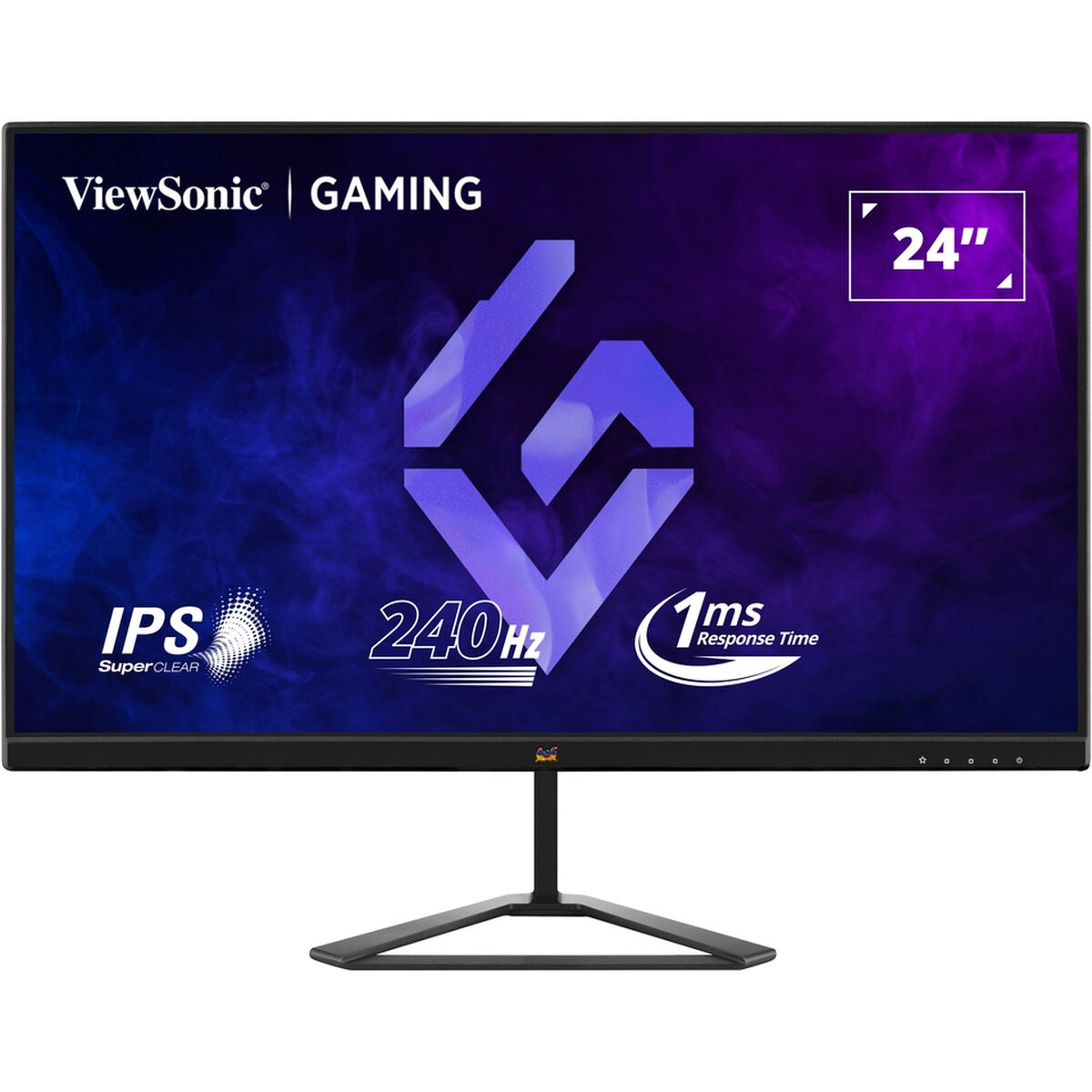Monitor gamingowy ViewSonic. Czarna ramka, czarny stojak. Cechy: IPS, 240Hz, czas reakcji 1ms. Wyświetlacz z logo gamingowym.