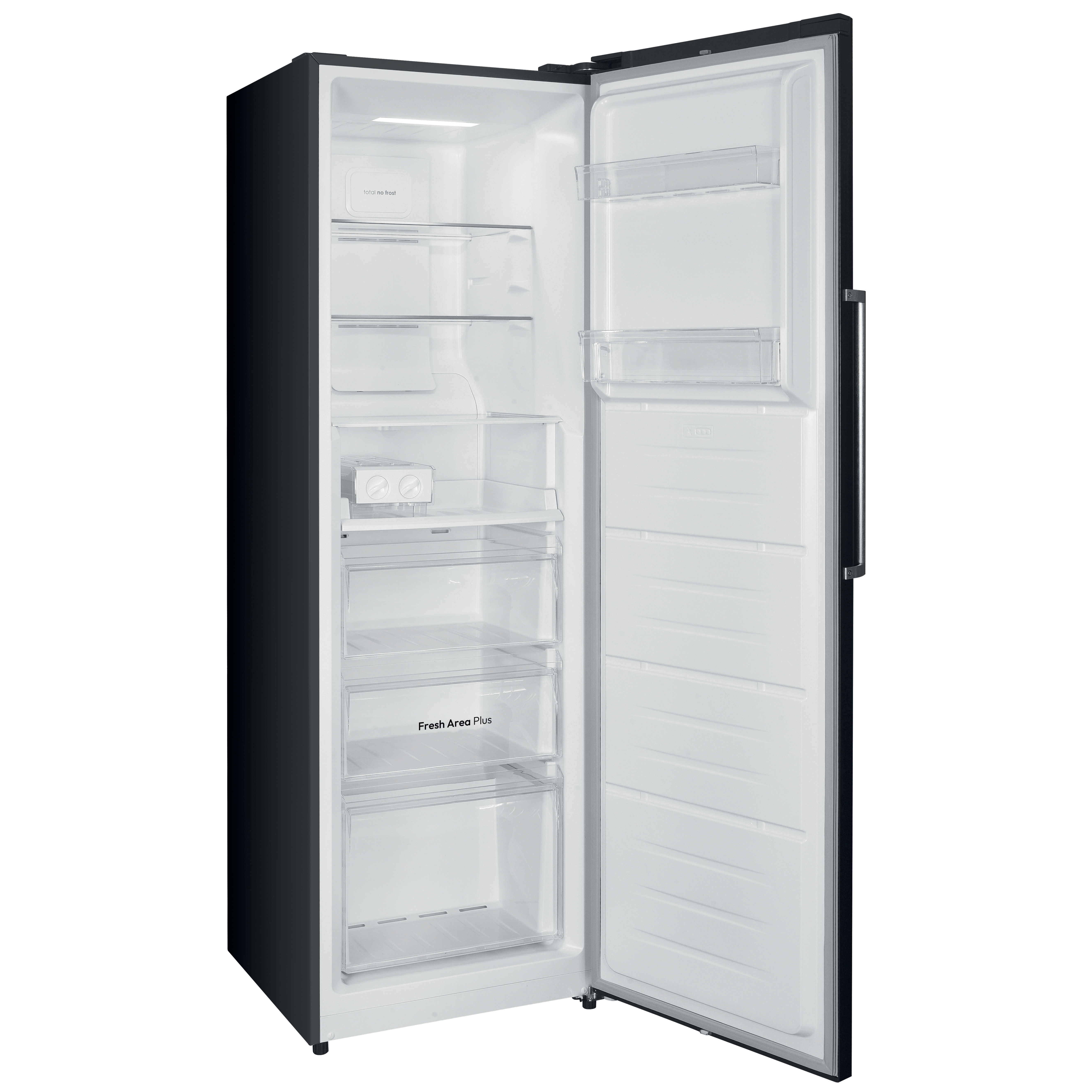 Un refrigerador negro, puerta abierta. El interior muestra estantes, cajones y una luz. Fondo blanco.