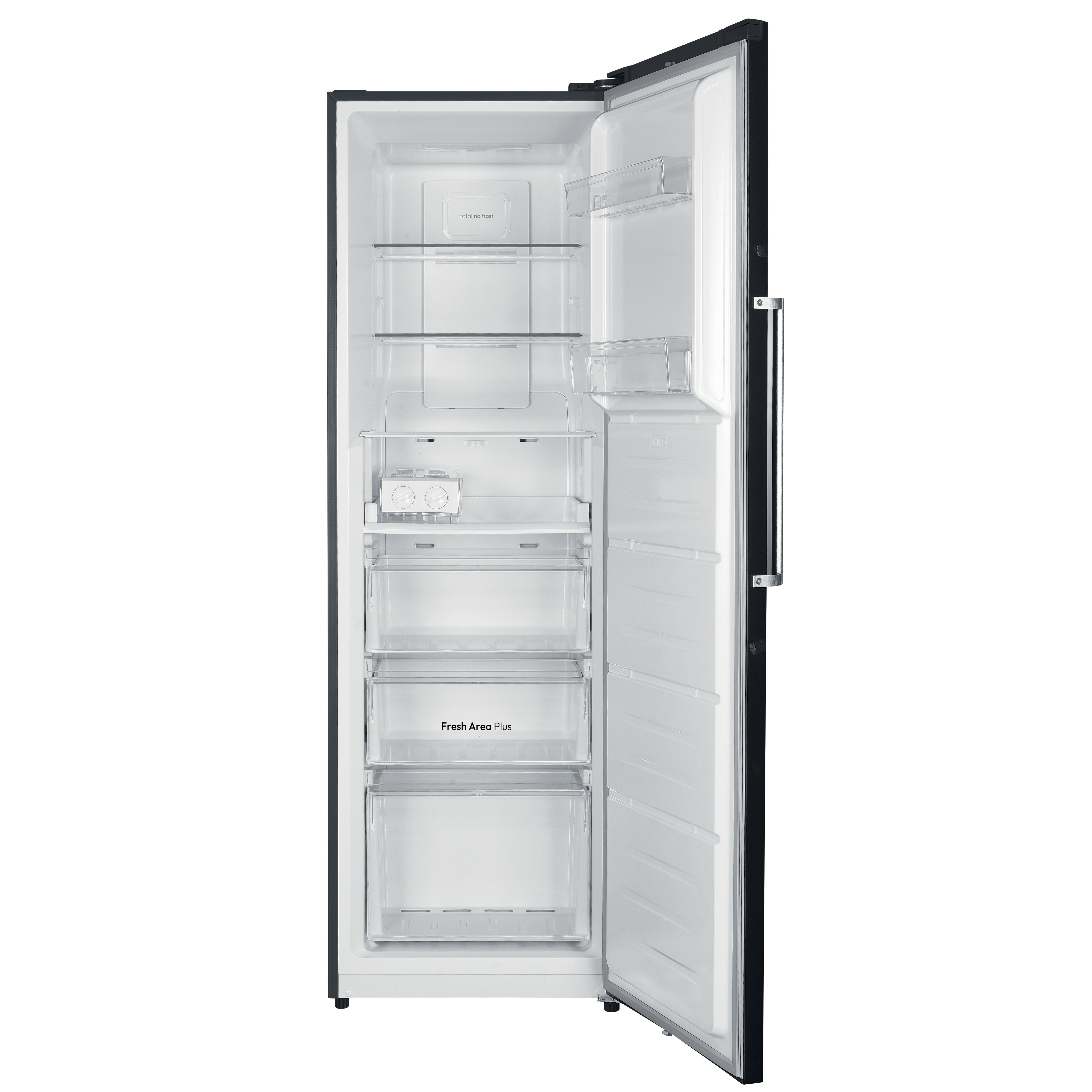 Un refrigerador negro abierto con estantes y cajones. Dentro hay estantes, cajones y las palabras Fresh Area Plus.