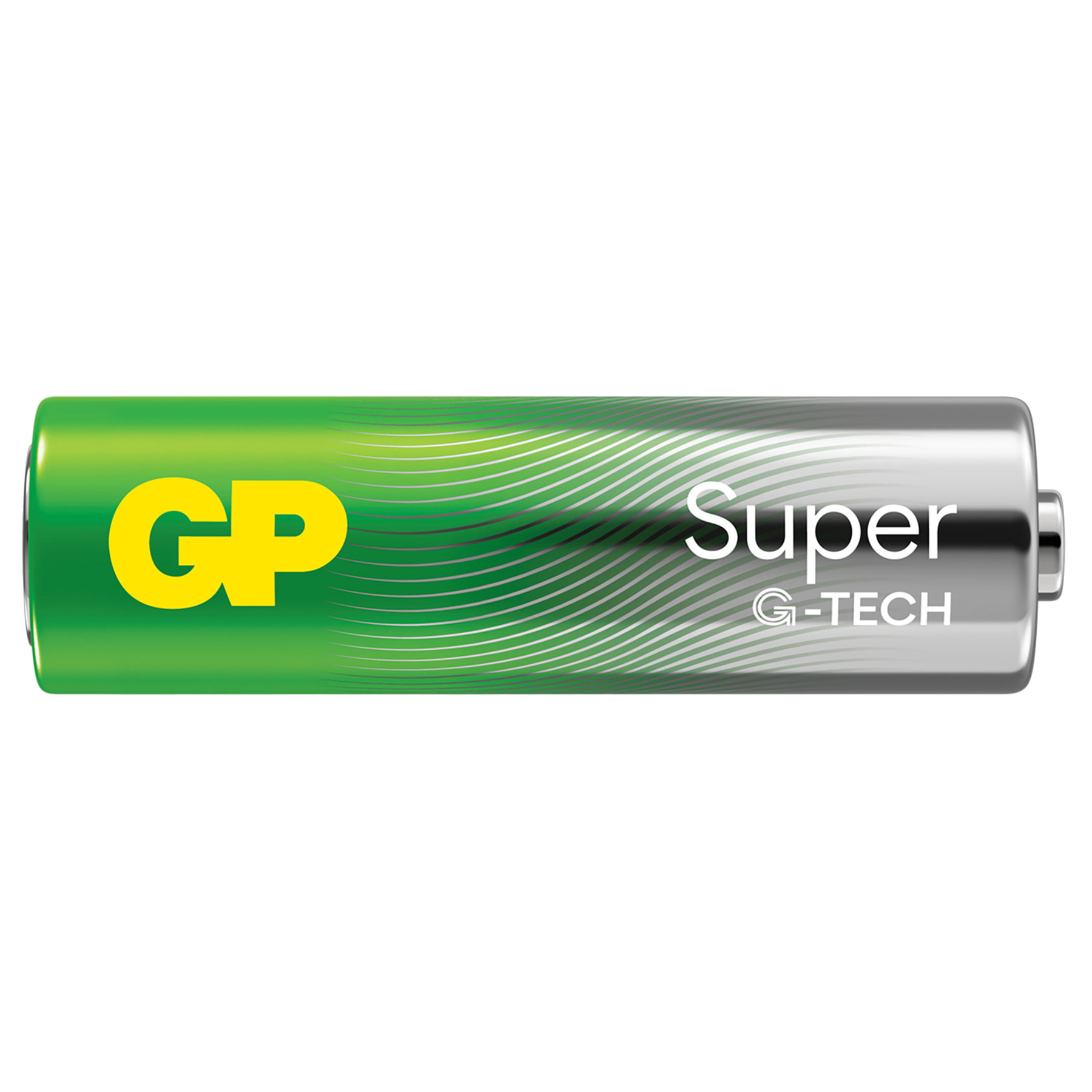 Una batteria cilindrica GP Super G-TECH. È verde e argento con il nome del marchio e i dettagli del prodotto.