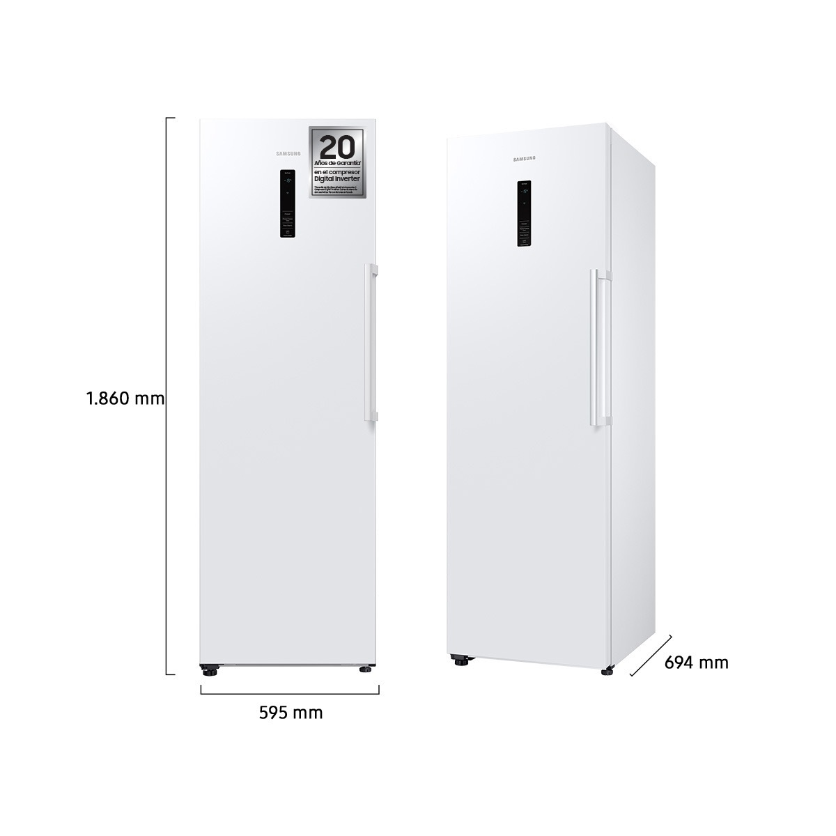 Dos congeladores blancos Samsung uno al lado del otro. Las dimensiones están etiquetadas: 1.860 mm de alto, 595 mm de ancho y 694 mm de profundidad.