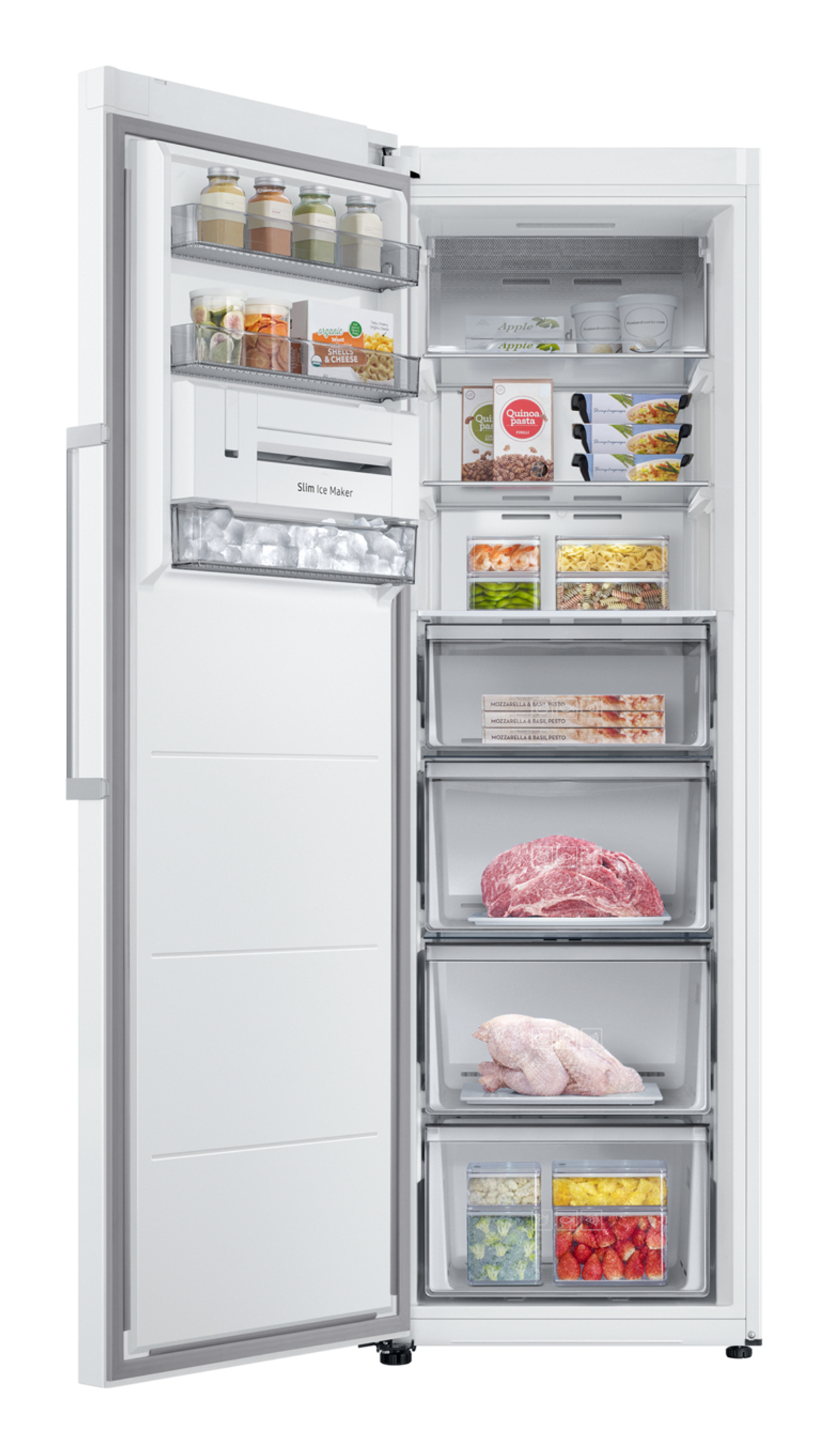 Un refrigerador abierto lleno de alimentos. Se ven frascos, pasta, comidas congeladas, carne y verduras.