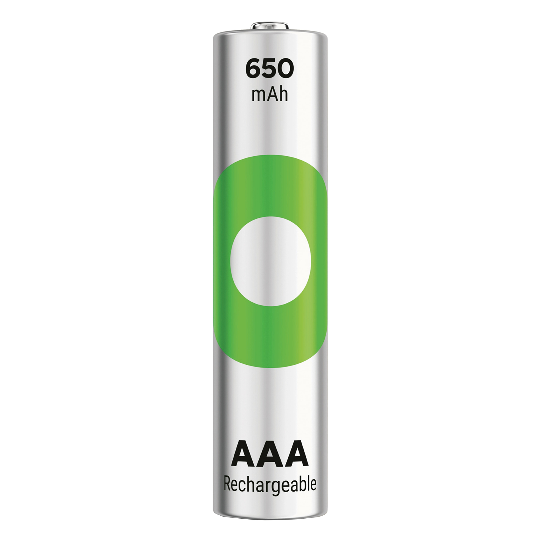 Pila ricaricabile AAA argentata con cerchio verde e centro bianco. Testo: 650 mAh, AAA Ricaricabile.
