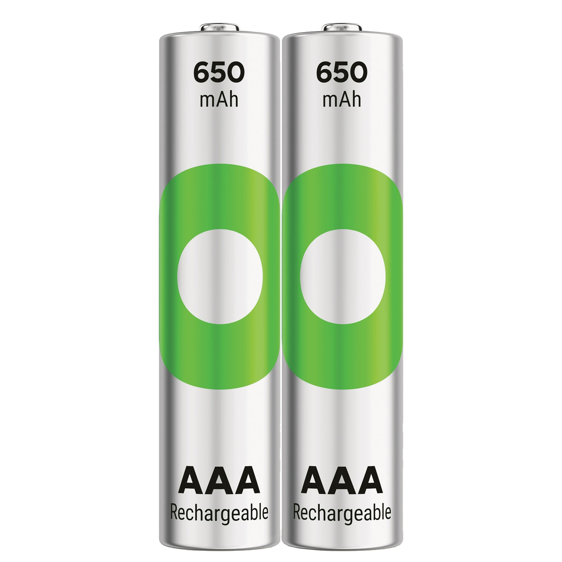 Due batterie AAA ricaricabili. Ognuna ha un ovale verde, un cerchio bianco. Testo: 650 mAh, AAA e Ricaricabile.