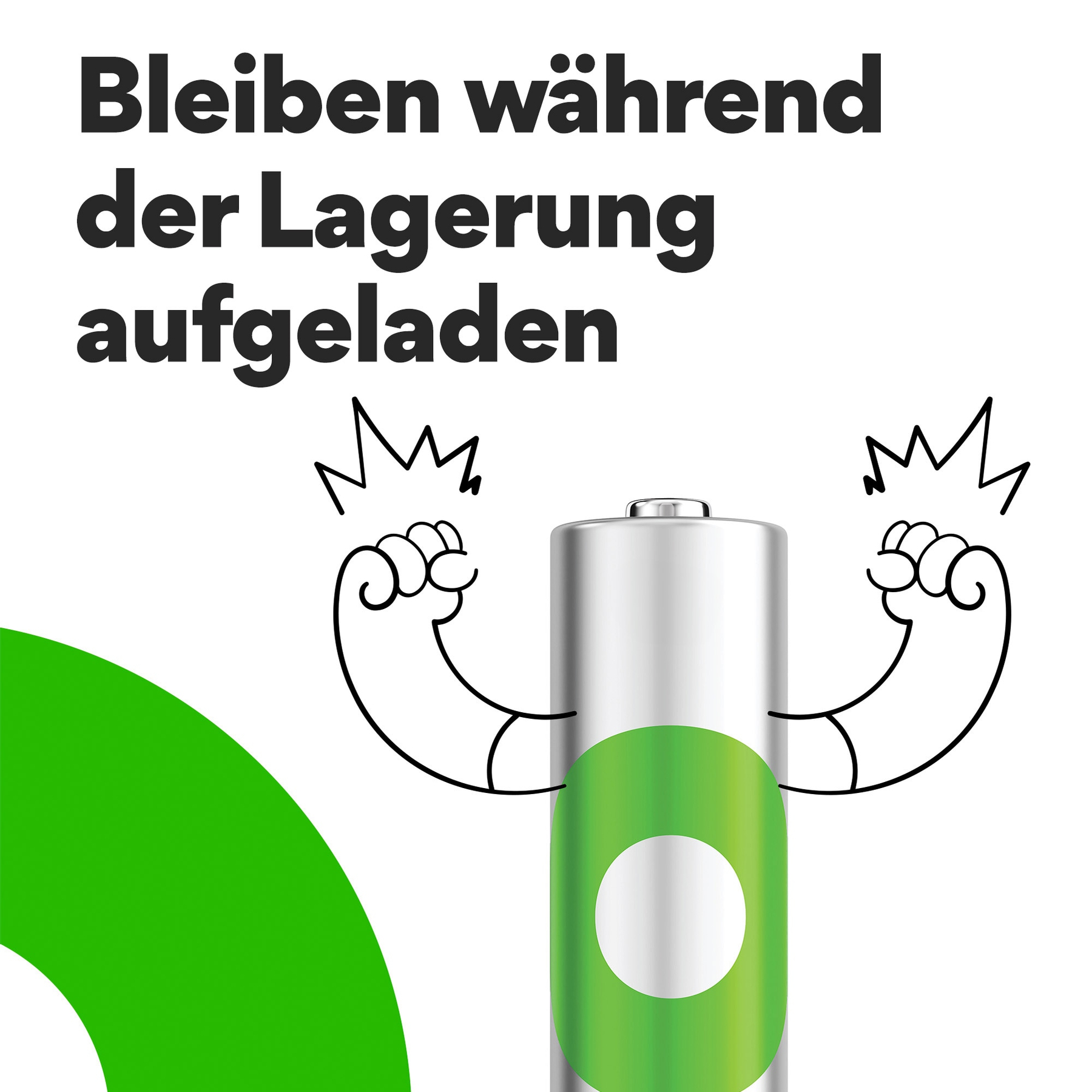 L'immagine mostra un fumetto di batteria con le braccia e una fascia verde, il testo dice 'Rimani carico durante lo stoccaggio'.