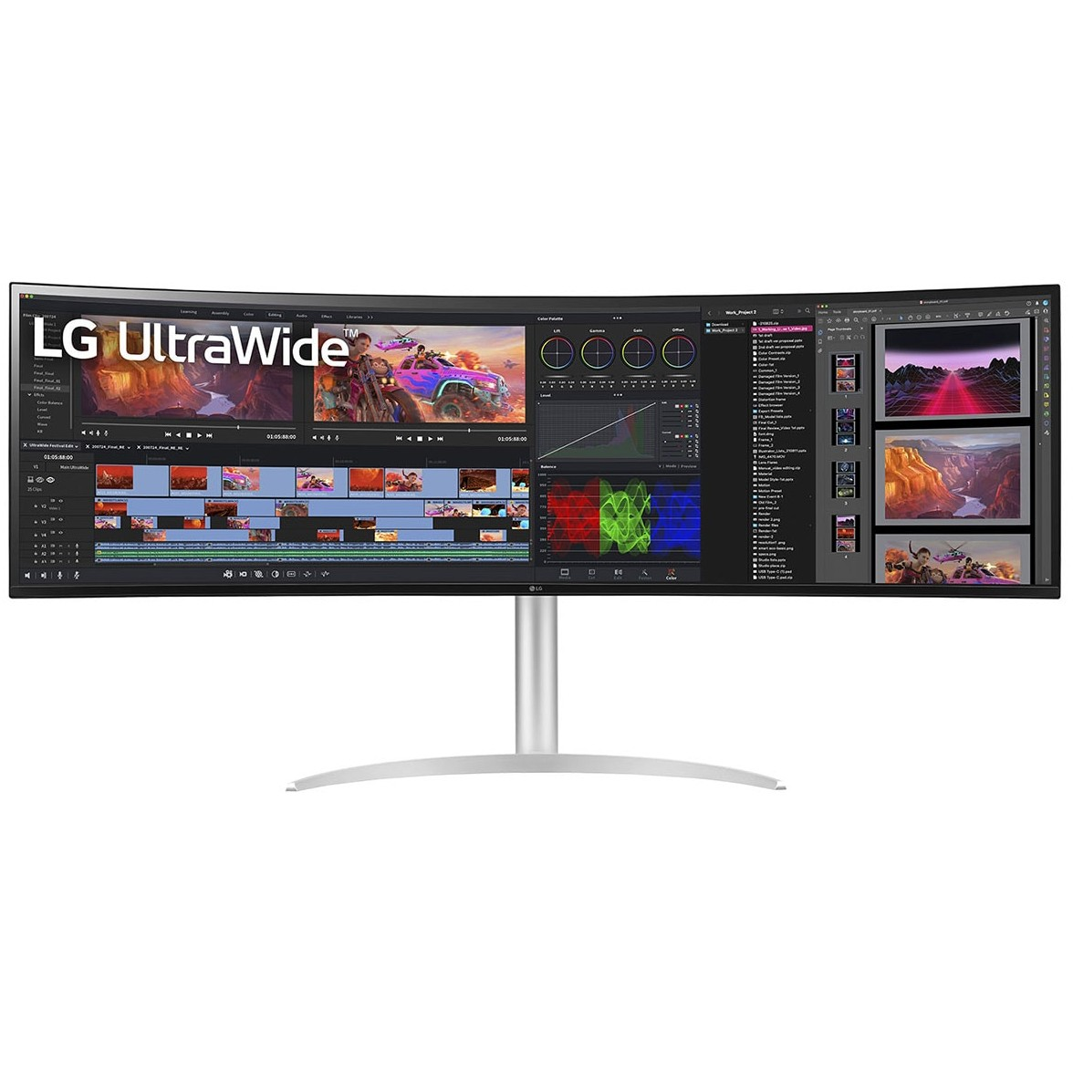 Monitor LG UltraWide wyświetla interfejs edycji wideo z zakrzywionym ekranem. Ma srebrną podstawę, pokazując wideo w trakcie edycji.