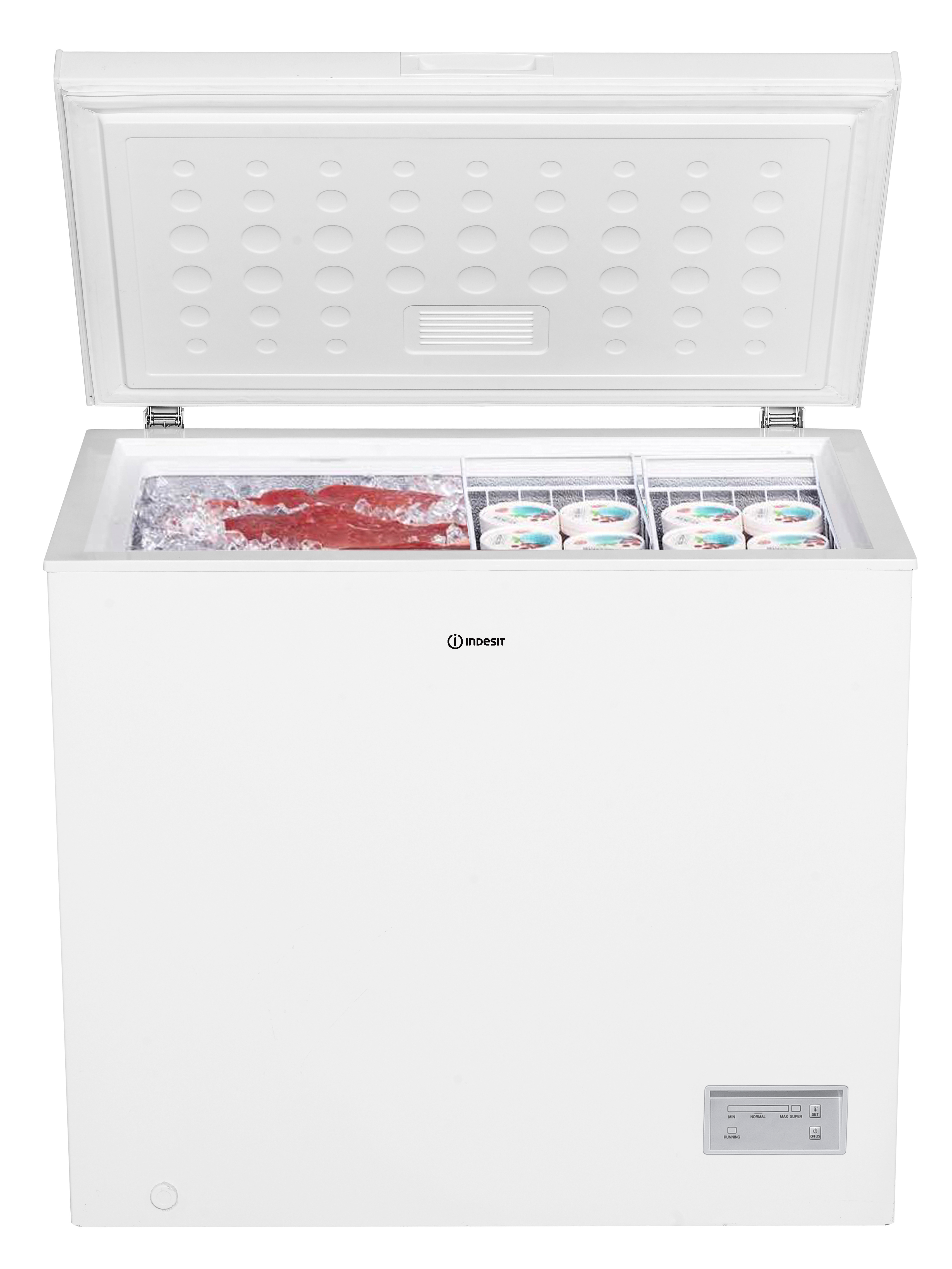 Freezer a pozzo bianco aperto, con alimenti surgelati. Logo 'Indesit' visibile. Pannello inferiore.