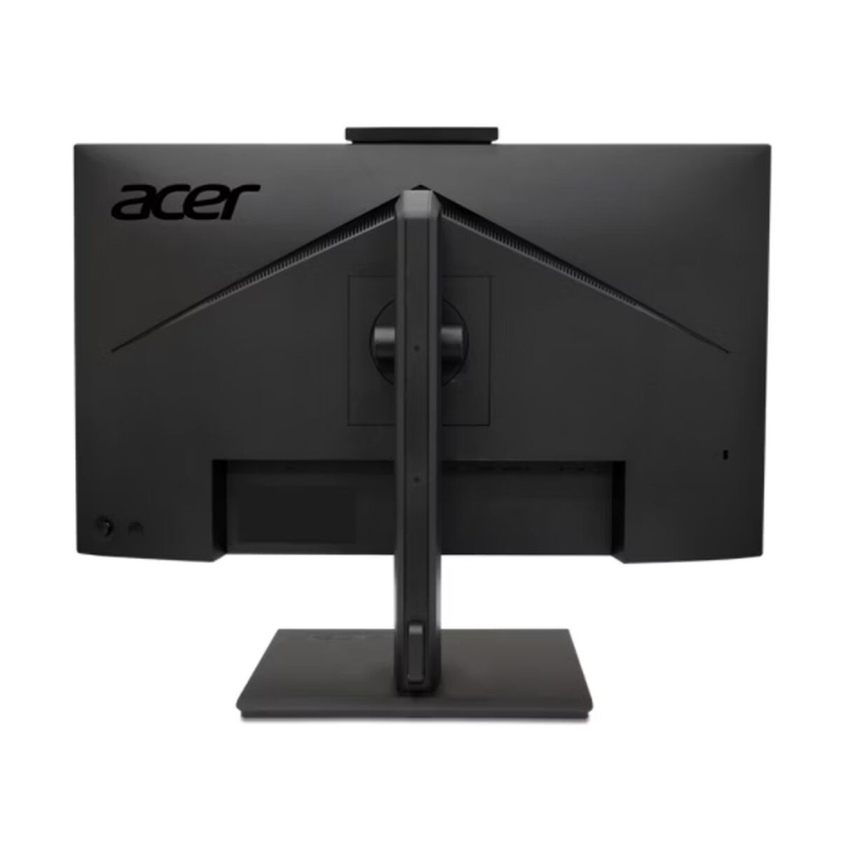 Tył czarnego monitora Acer. Ma podstawę i kamerę na górze. Widoczne jest logo Acer.