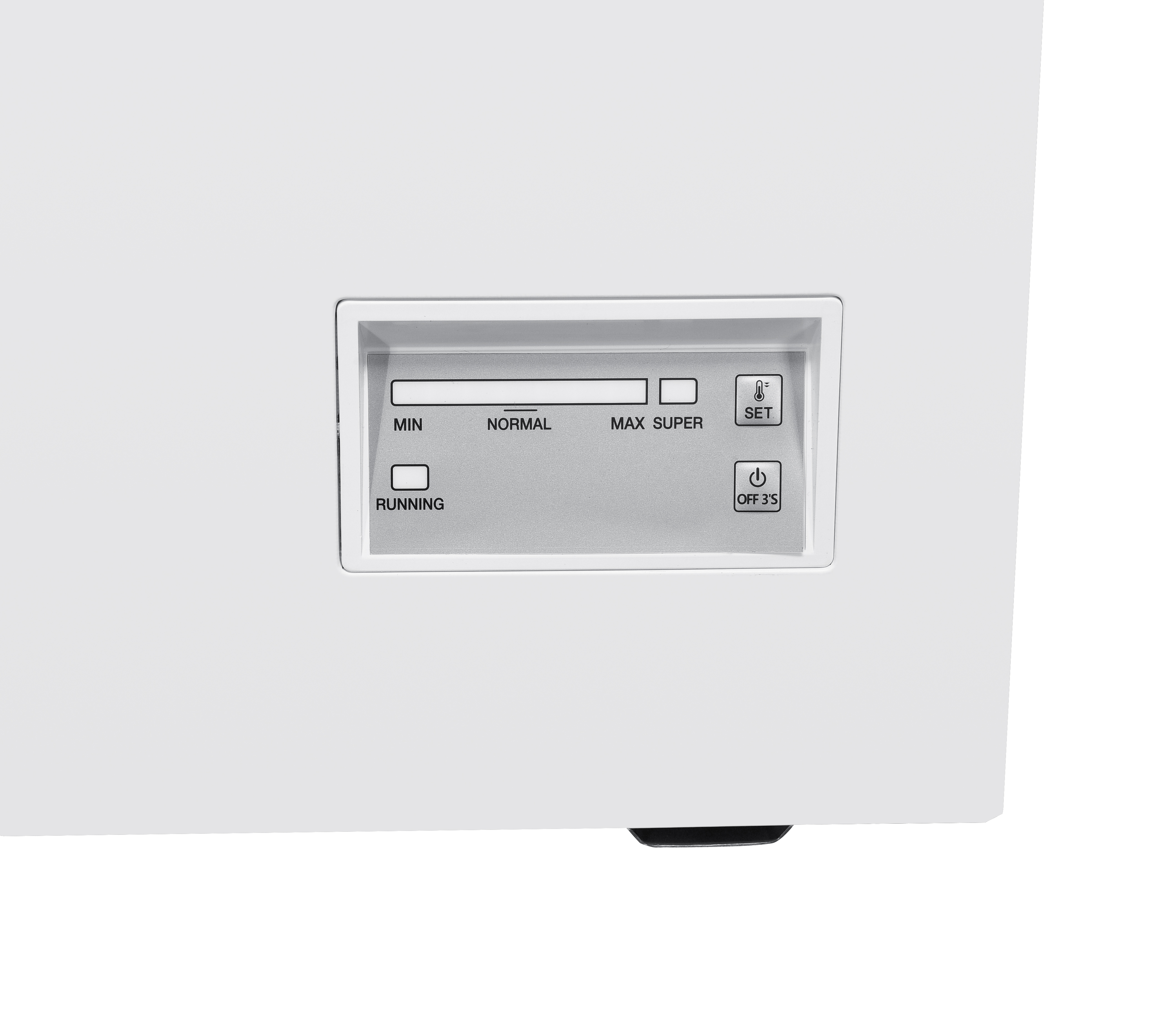 Congelador blanco con panel de control que muestra 'MIN', 'NORMAL', 'MAX SUPER', 'SET', 'RUNNING' y un botón de encendido/apagado.