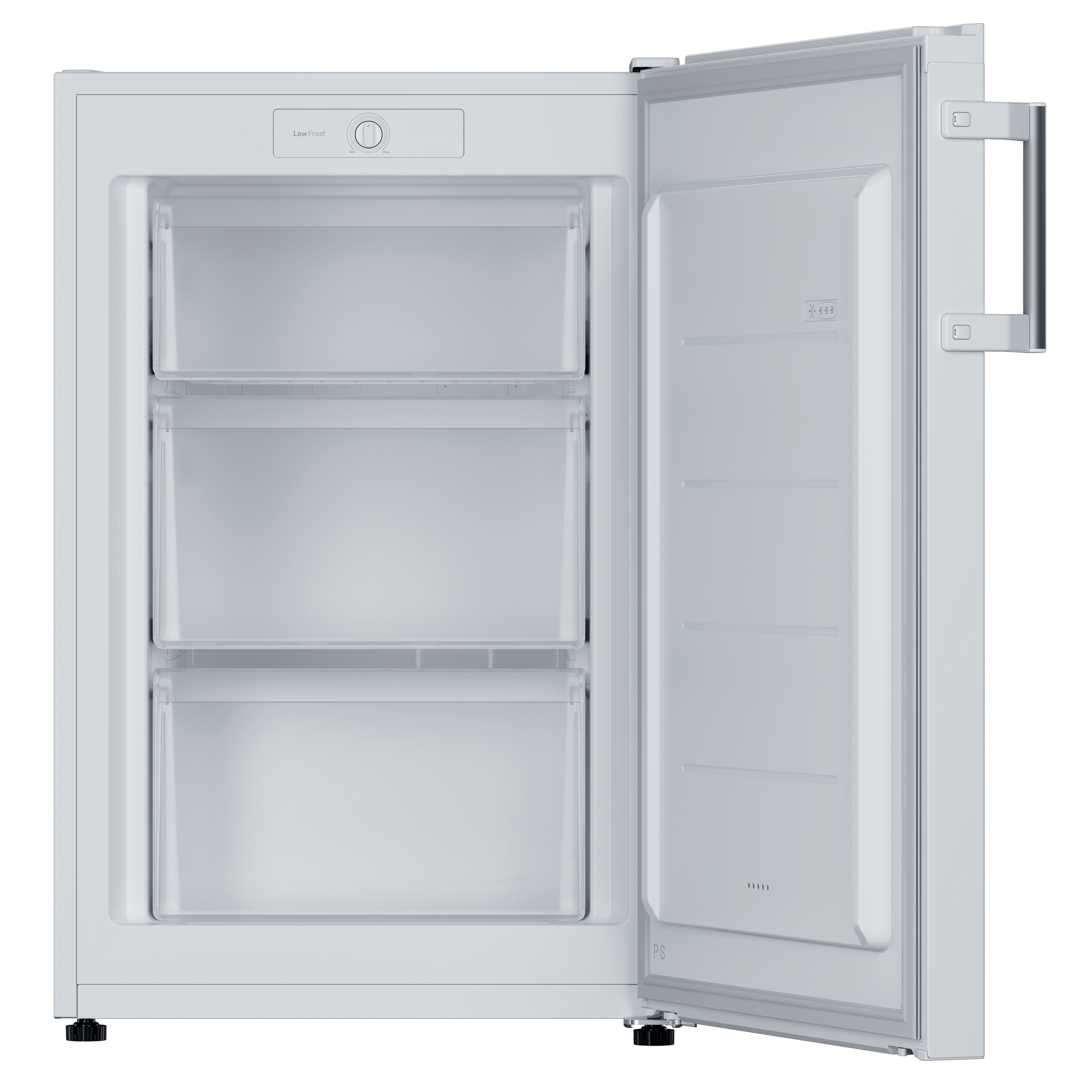 Un congelador blanco con la puerta abierta, revelando tres cajones. La puerta tiene una manija. Un panel de control está en la parte superior.