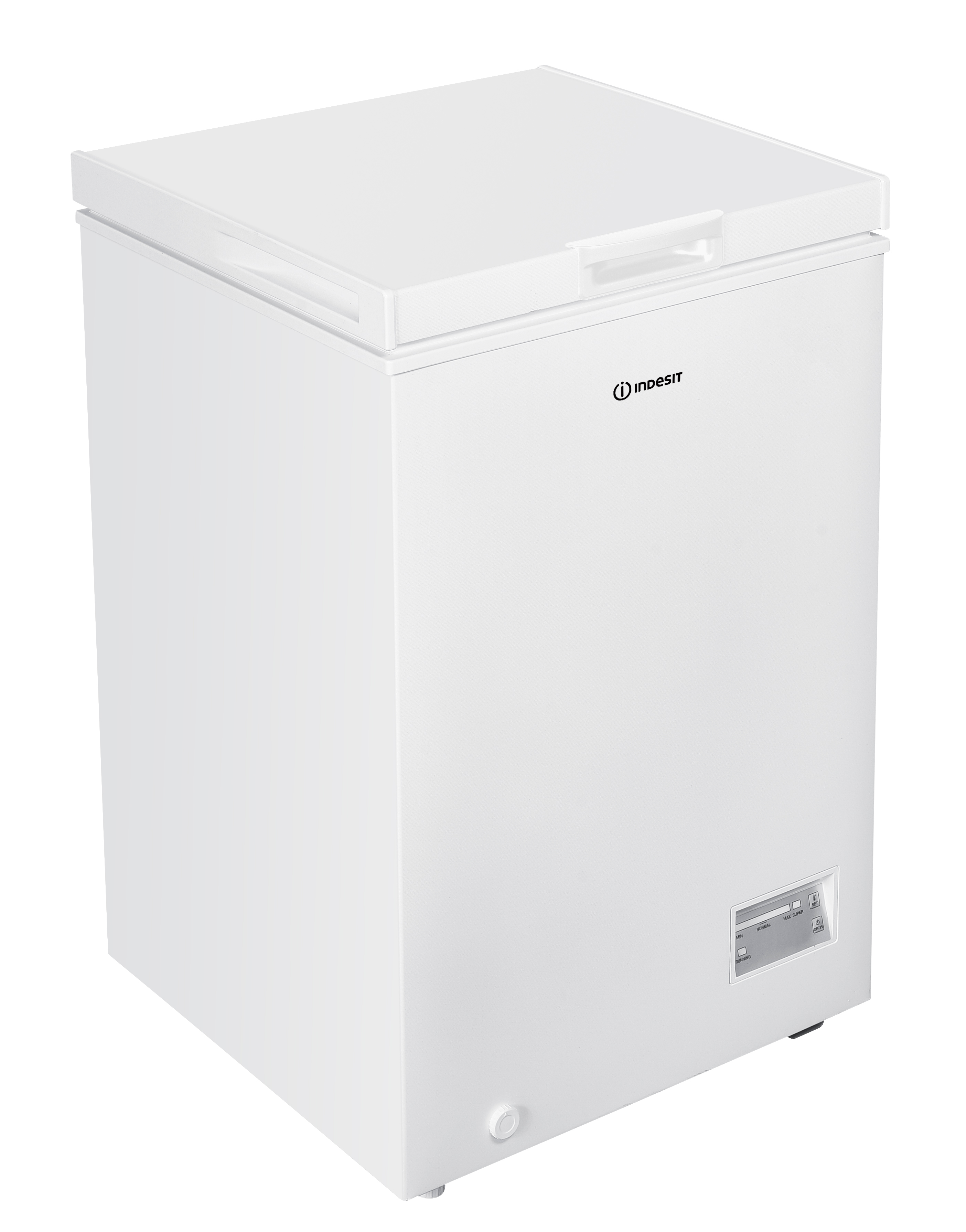 Un congelador blanco con el logotipo de Indesit. Tiene tapa, asa y panel de control.