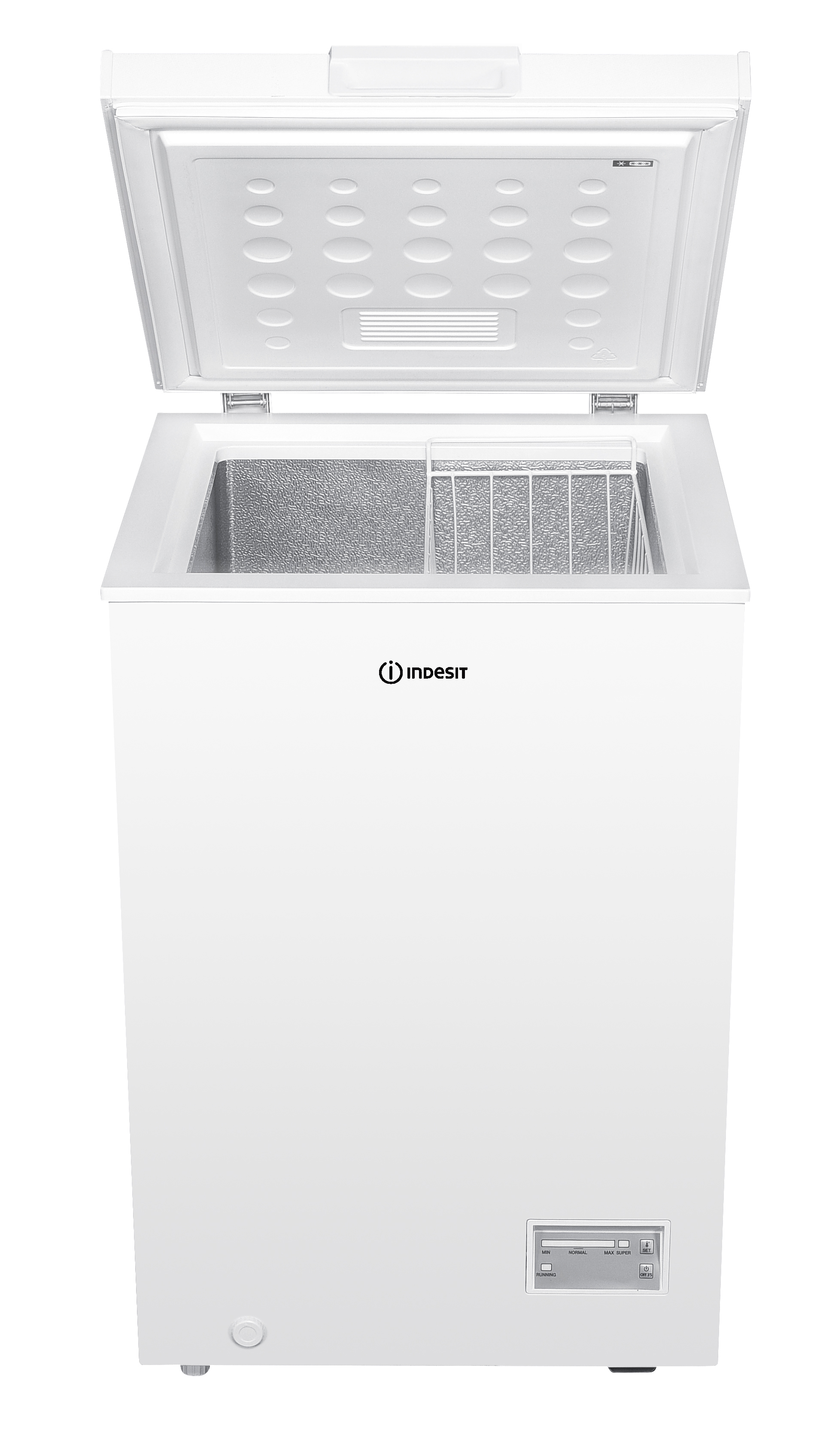 Un congelador de arcón Indesit blanco con la tapa abierta. El interior es visible, con una cesta de alambre y controles.