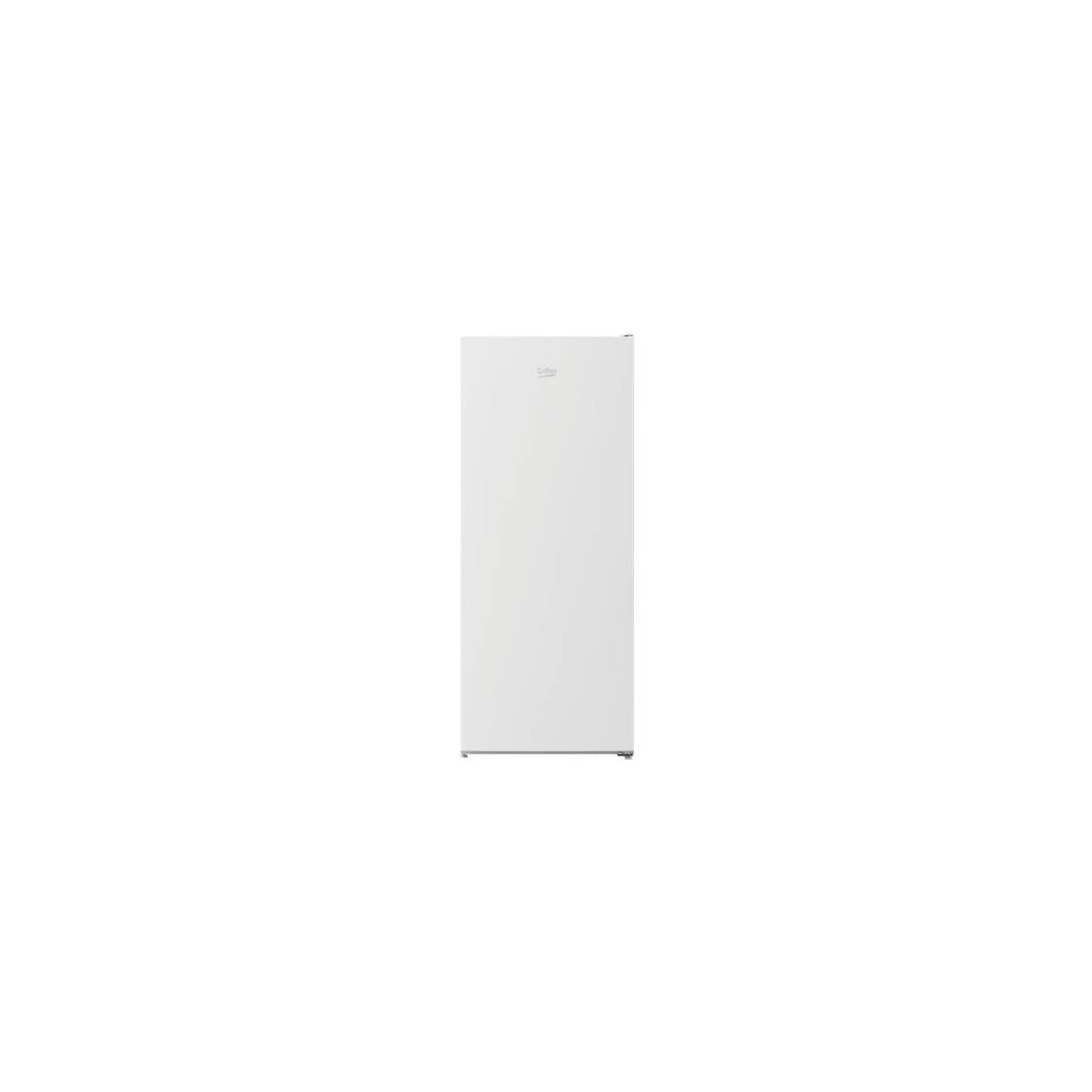 Un congelatore verticale bianco Beko. La porta è semplice e pulita, con il logo Beko in alto. Lo sfondo è bianco.