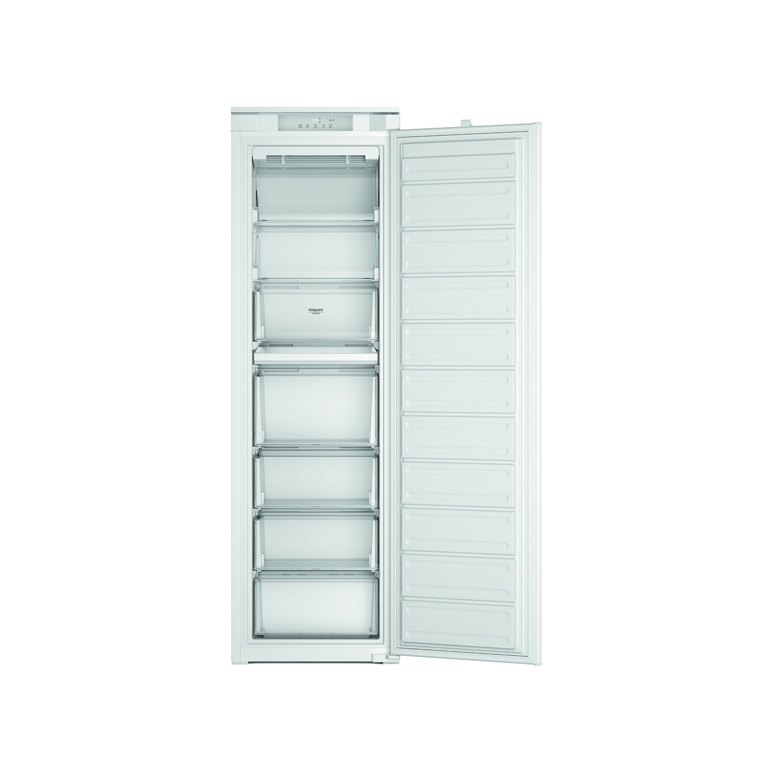 Un congelador blanco con la puerta abierta. En el interior hay cajones transparentes. La puerta tiene estantes. La marca es Hotpoint.