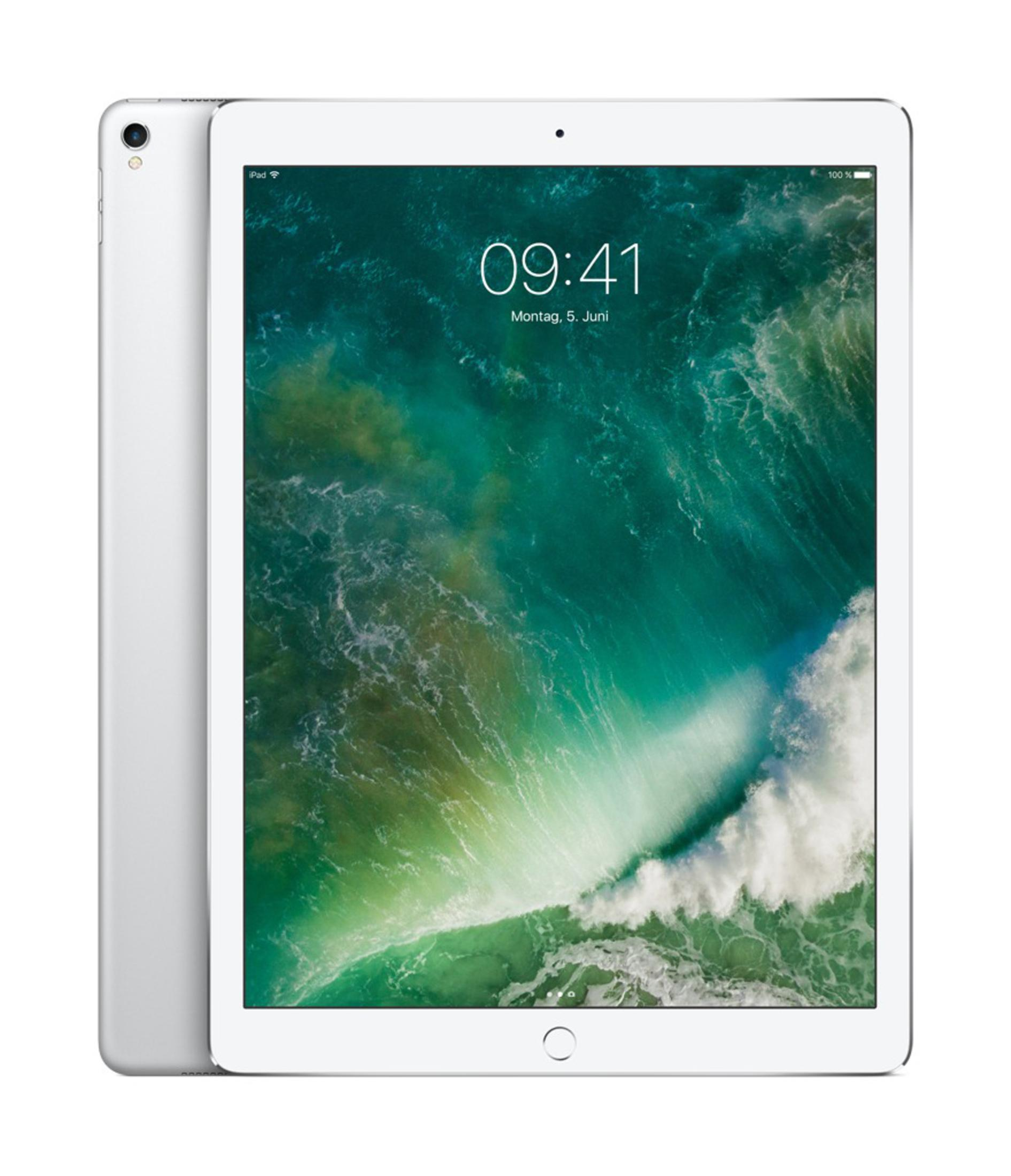 Silbernes iPad mit Wasser-Hintergrund. Der Bildschirm zeigt die Uhrzeit 09:41 und das Datum, mit weißem Rand.
