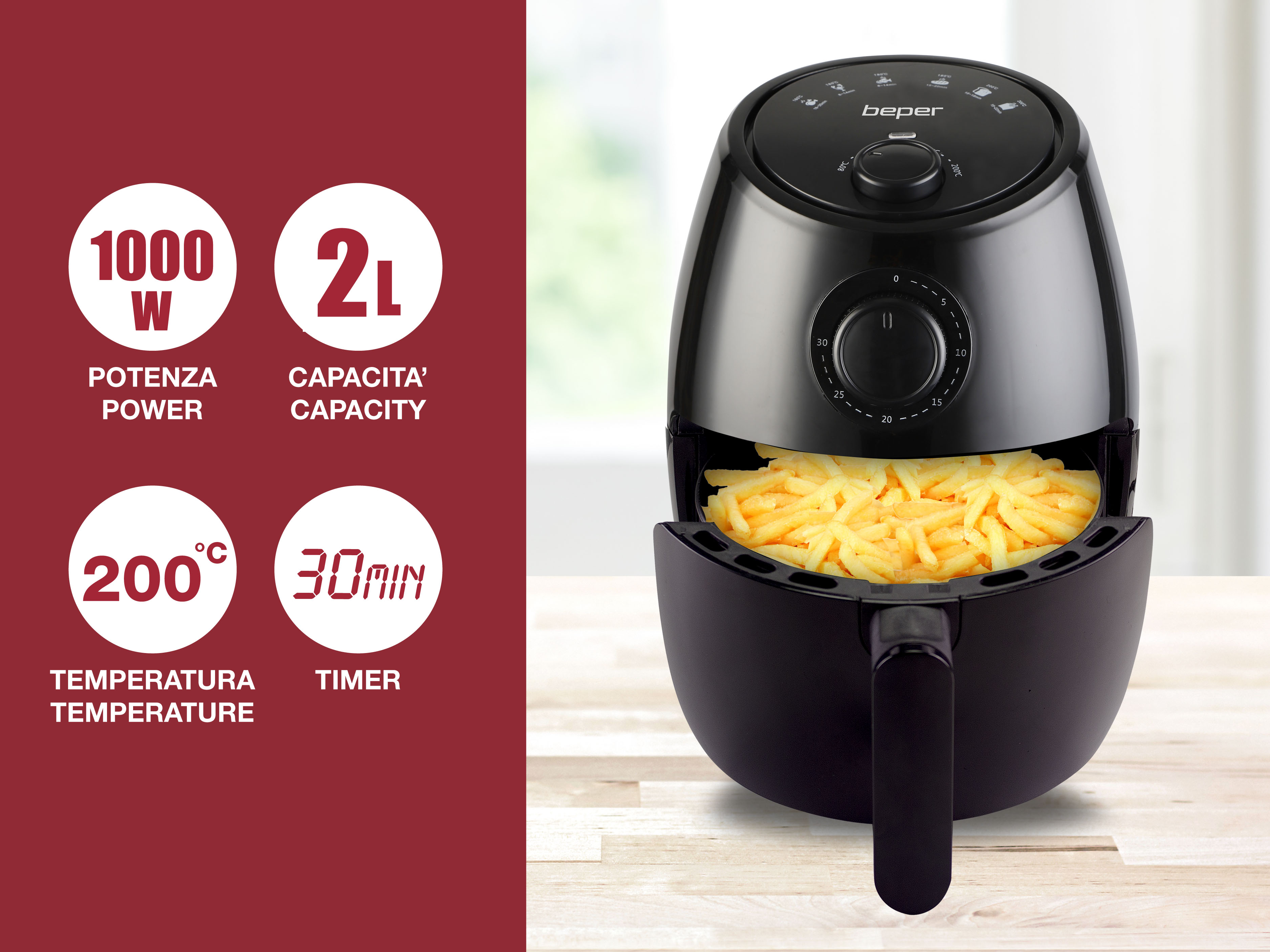 Friggitrice ad aria nera con patatine fritte, sfondo rosso con icone di potenza, capacità, temperatura e timer.
