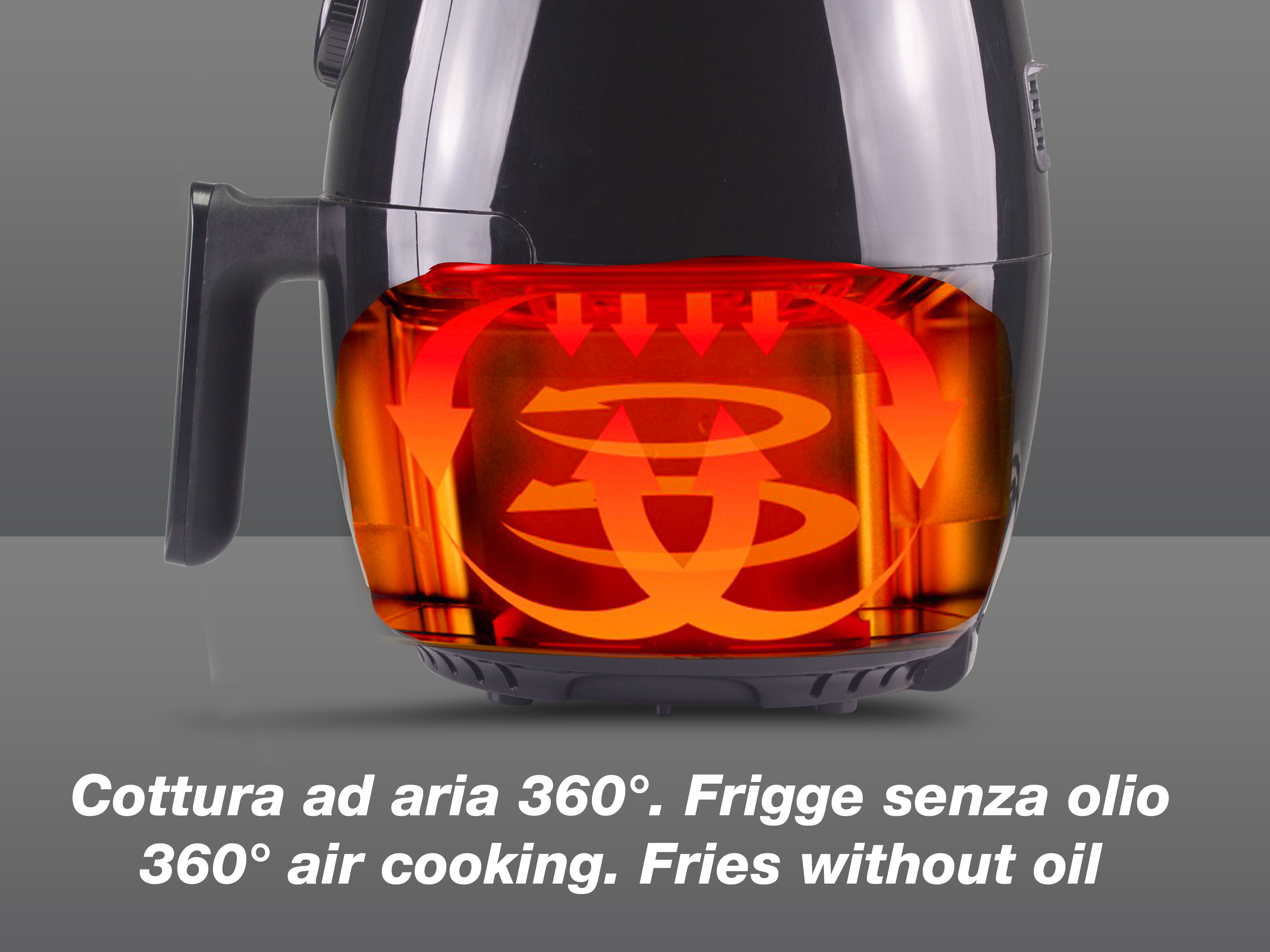 Friggitrice ad aria nera con elementi riscaldanti interni rossi e arancioni. Testo: Cottura ad aria a 360°, friggere senza olio.