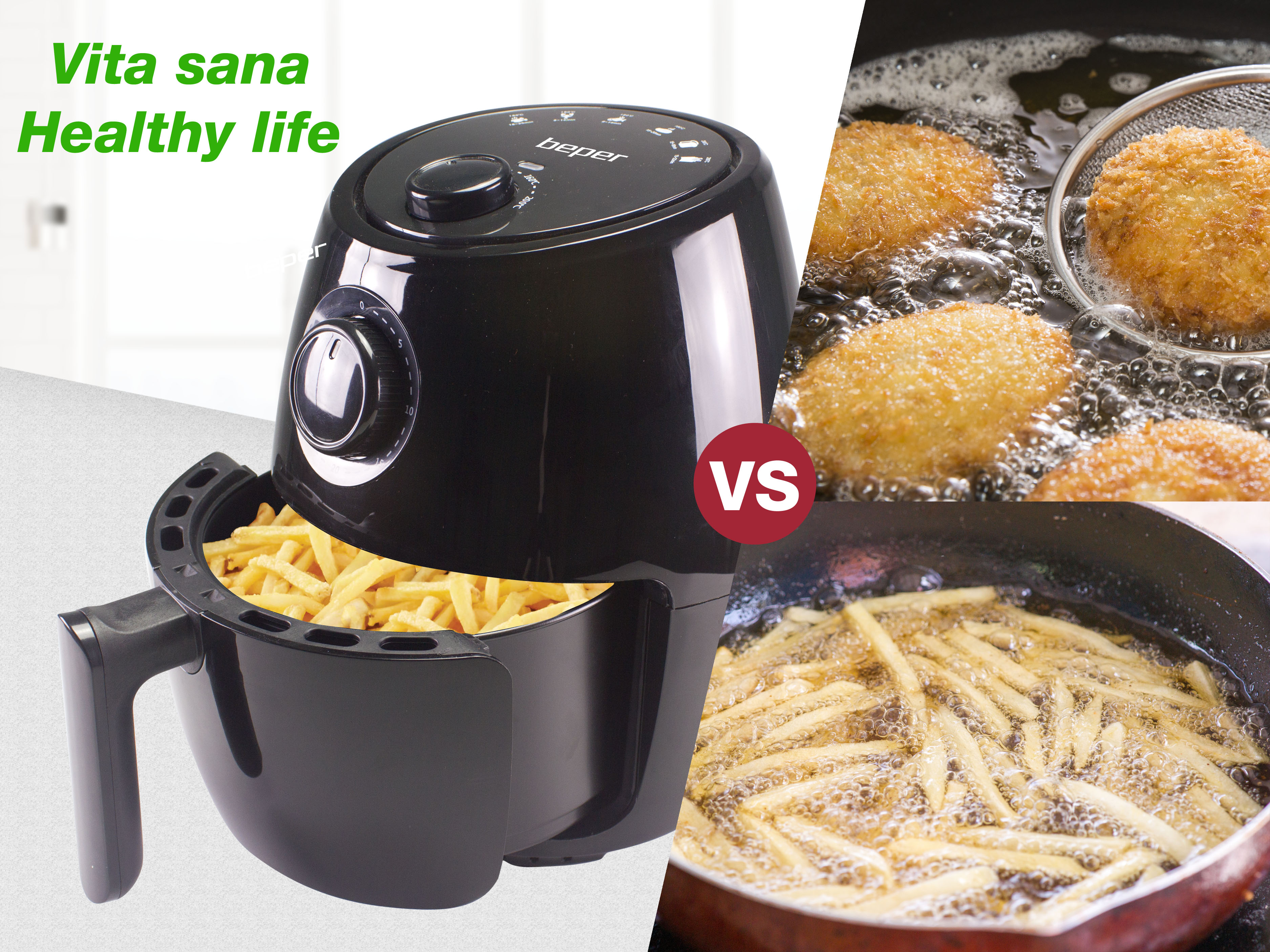 Una friggitrice ad aria con patatine fritte, in contrasto con cibi fritti in olio. Il testo recita 'Vita sana Healthy life'.
