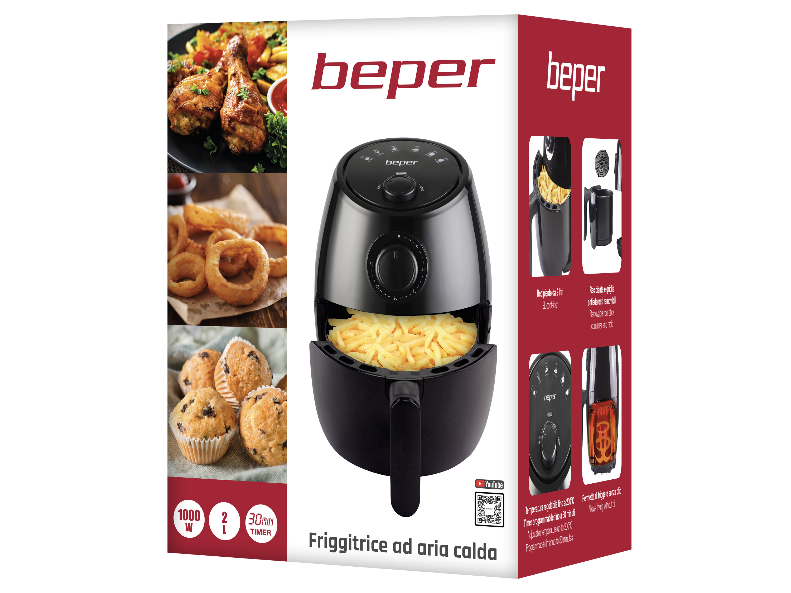 Scatola con friggitrice ad aria, immagini di cibi fritti. Il marchio è Beper. Testo in italiano.